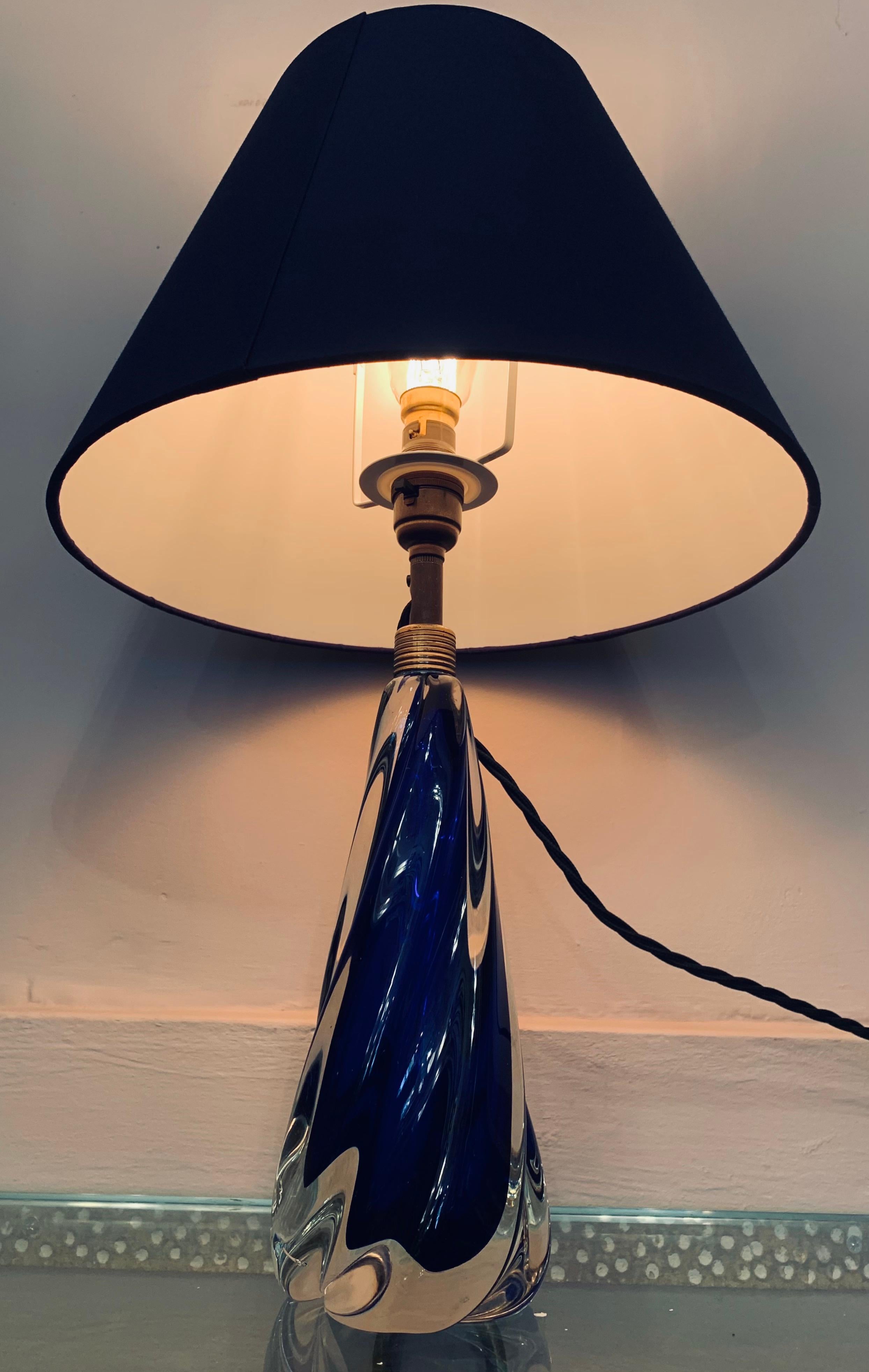 1950s Belgium Val St Lambert Cobalt Blue Glass Crystal Table Lamp Inc Shade 1