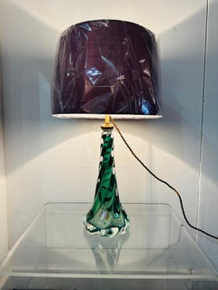 1950s Belgium Val St Lambert Dark Green & Clear Twisted Crystal Glass Lamp Base