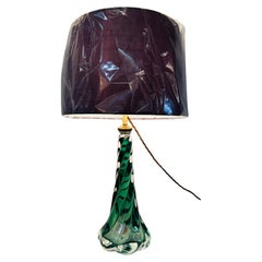 Vintage 1950s Belgium Val St Lambert Dark Green & Clear Twisted Crystal Glass Lamp Base