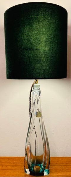 1950s Belgium Val St Lambert Green & Clear Crystal Glass Tapered Table Lamp