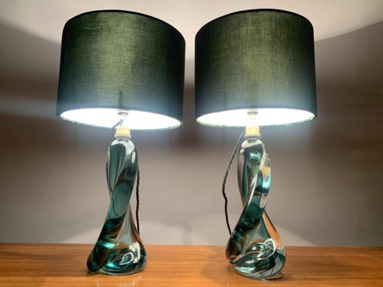 1950s Belgium Val St Lambert Green Twisted & Clear Crystal Table Lamp inc Shade 6