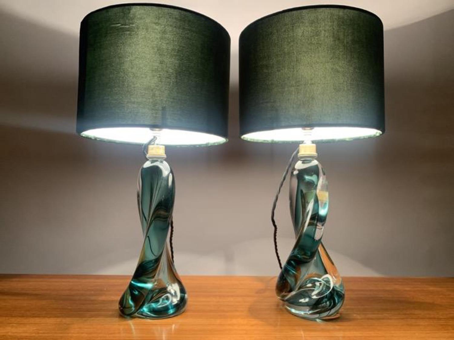 1950s Belgium Val St Lambert Green Twisted & Clear Crystal Table Lamp inc Shade 8