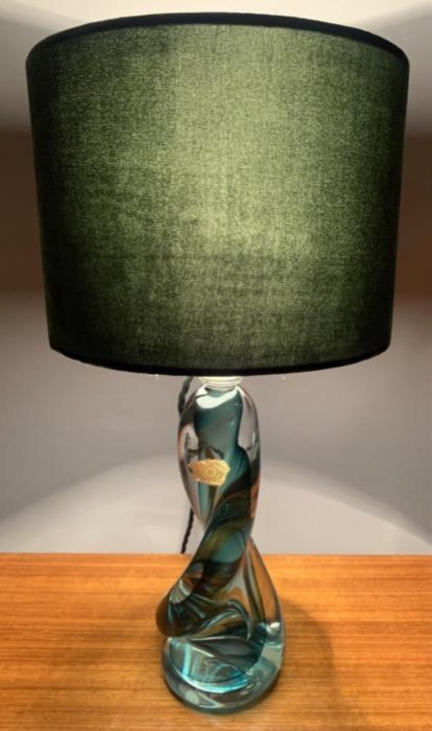 Mid-Century Modern 1950s Belgium Val St Lambert Green Twisted & Clear Crystal Table Lamp inc Shade