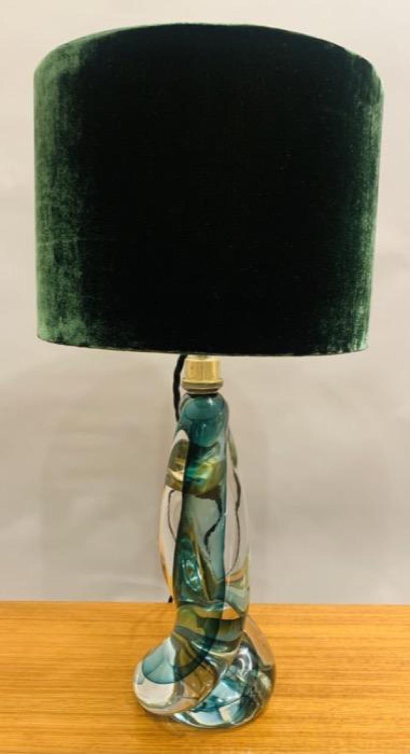 20th Century 1950s Belgium Val St Lambert Green Twisted & Clear Crystal Table Lamp inc Shade