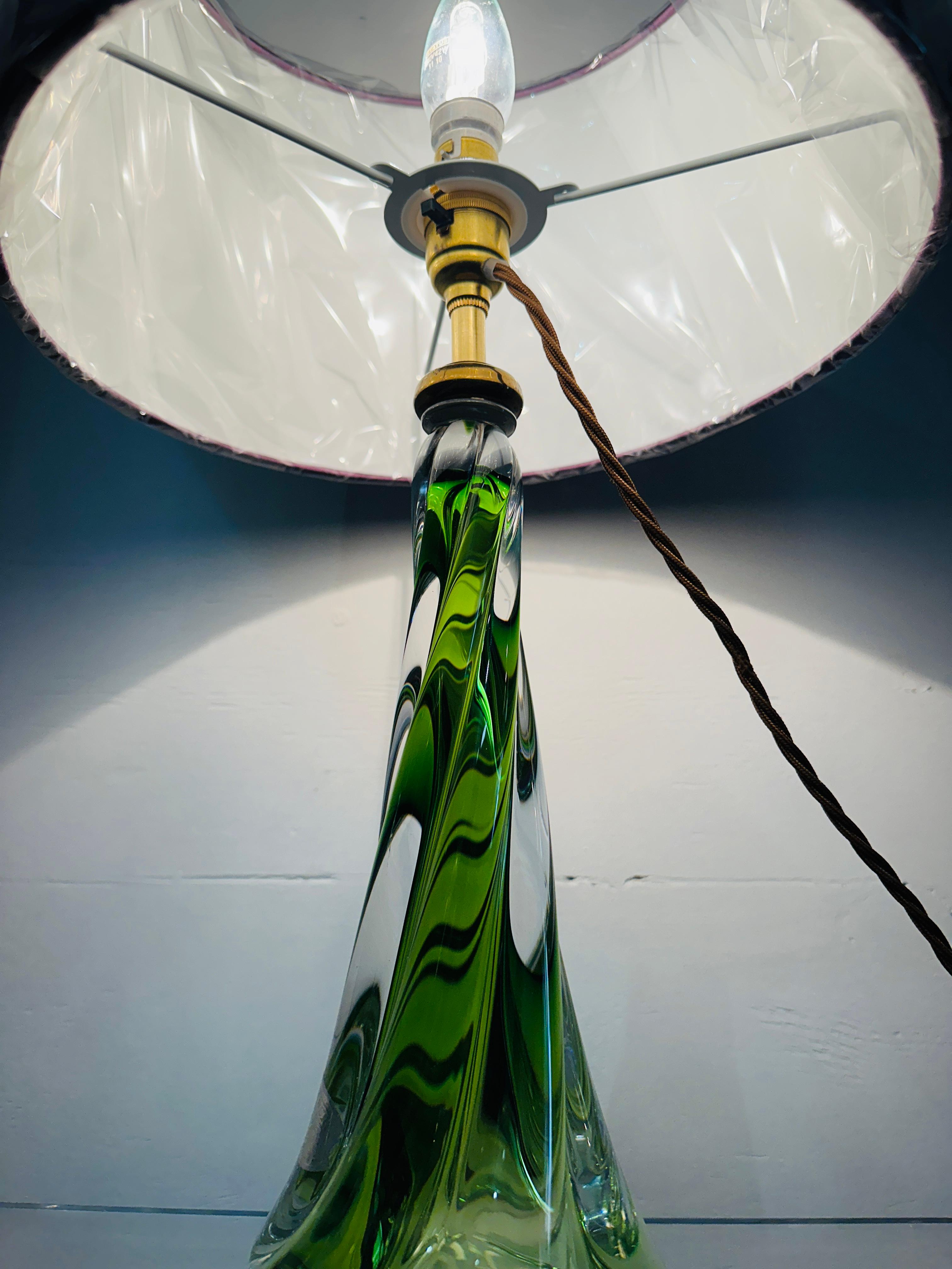1950s Belgium Val St Lambert Light Green & Clear Twisted Crystal Glass Lamp Base 3