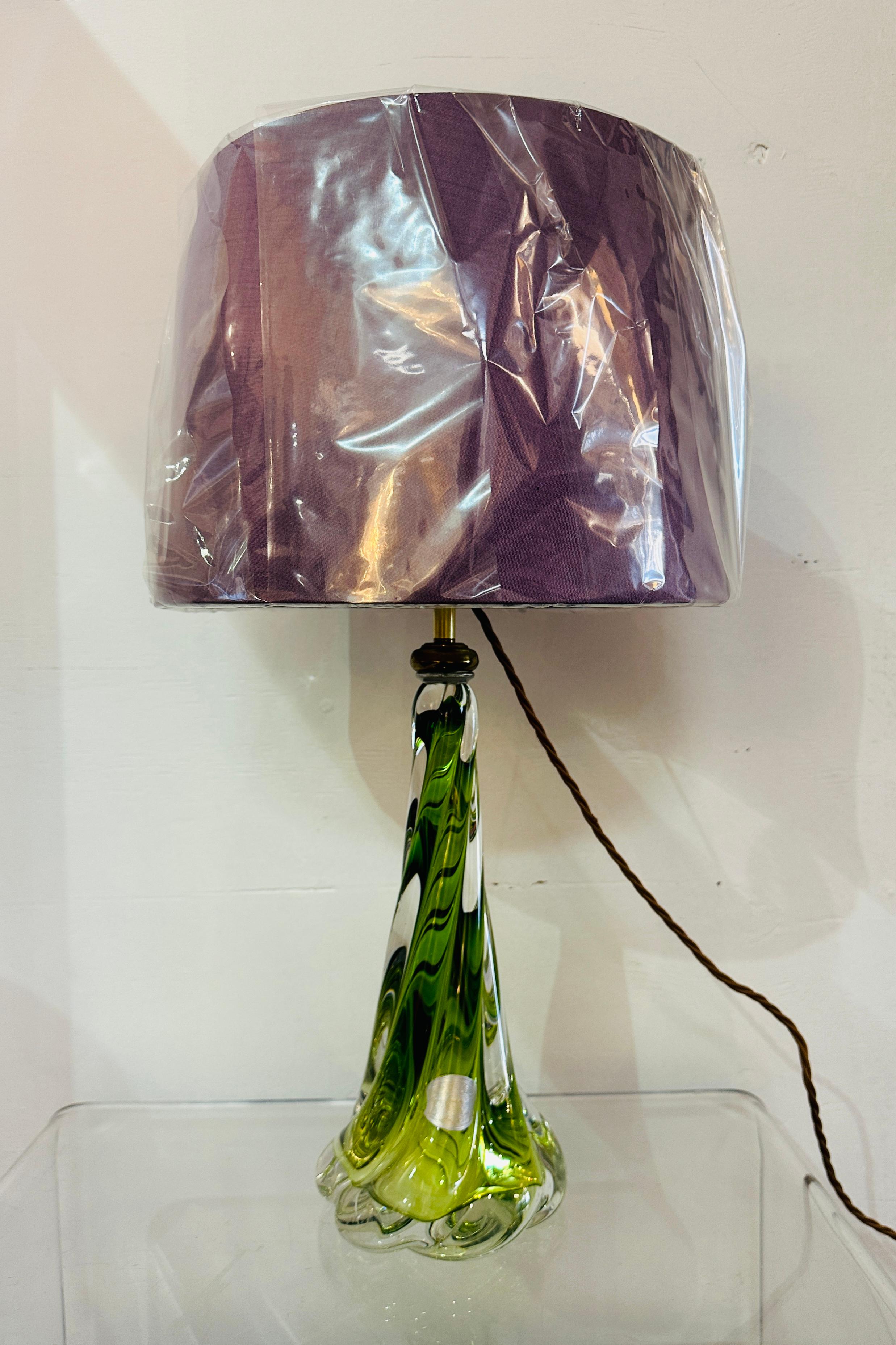 1950s Belgium Val St Lambert Light Green & Clear Twisted Crystal Glass Lamp Base 4