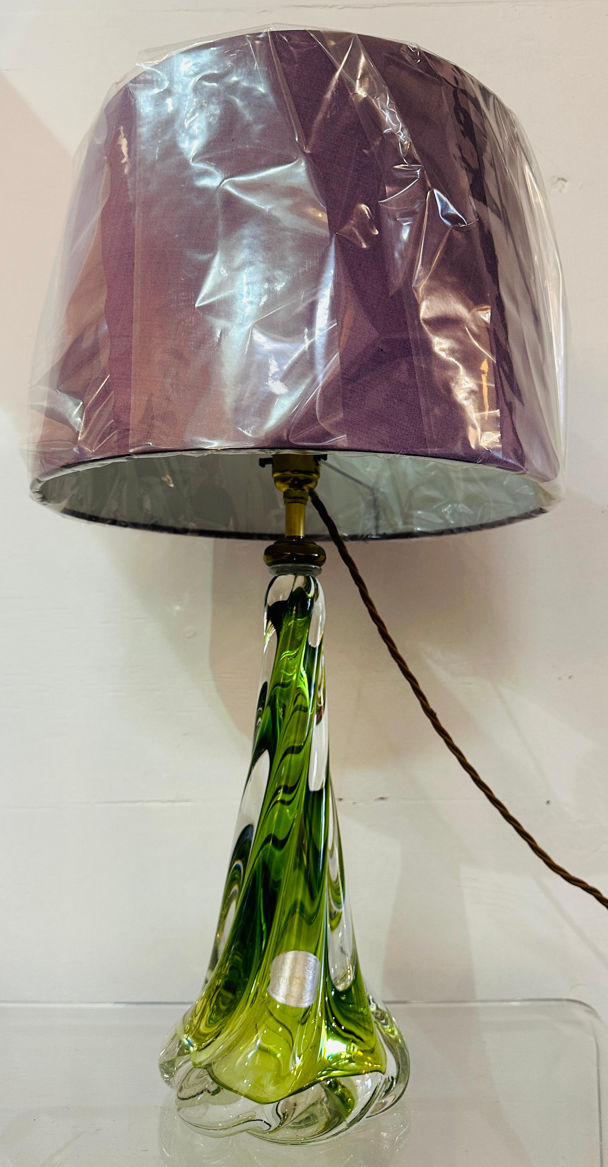 1950s Belgium Val St Lambert Light Green & Clear Twisted Crystal Glass Lamp Base 5