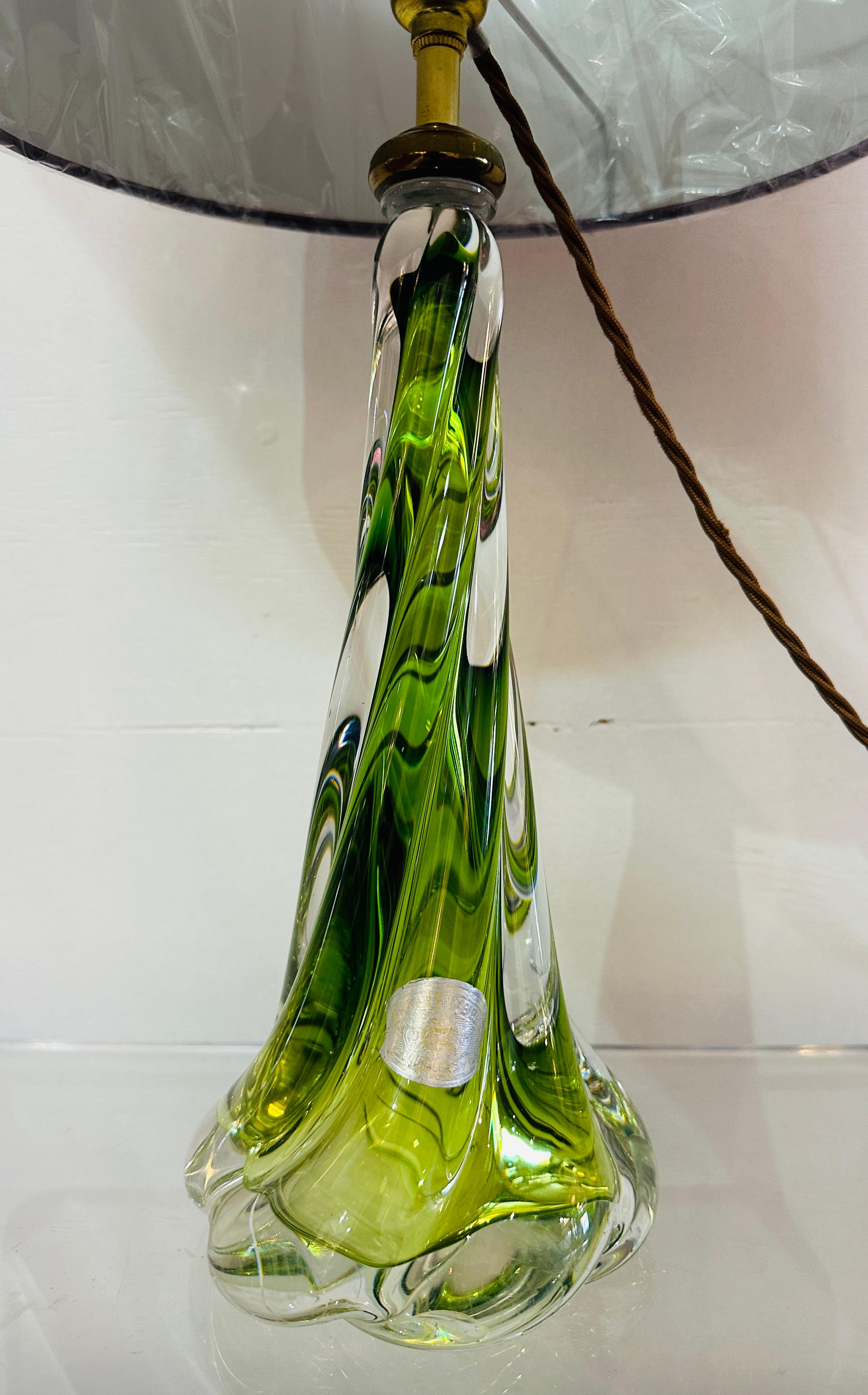 1950s Belgium Val St Lambert Light Green & Clear Twisted Crystal Glass Lamp Base 6