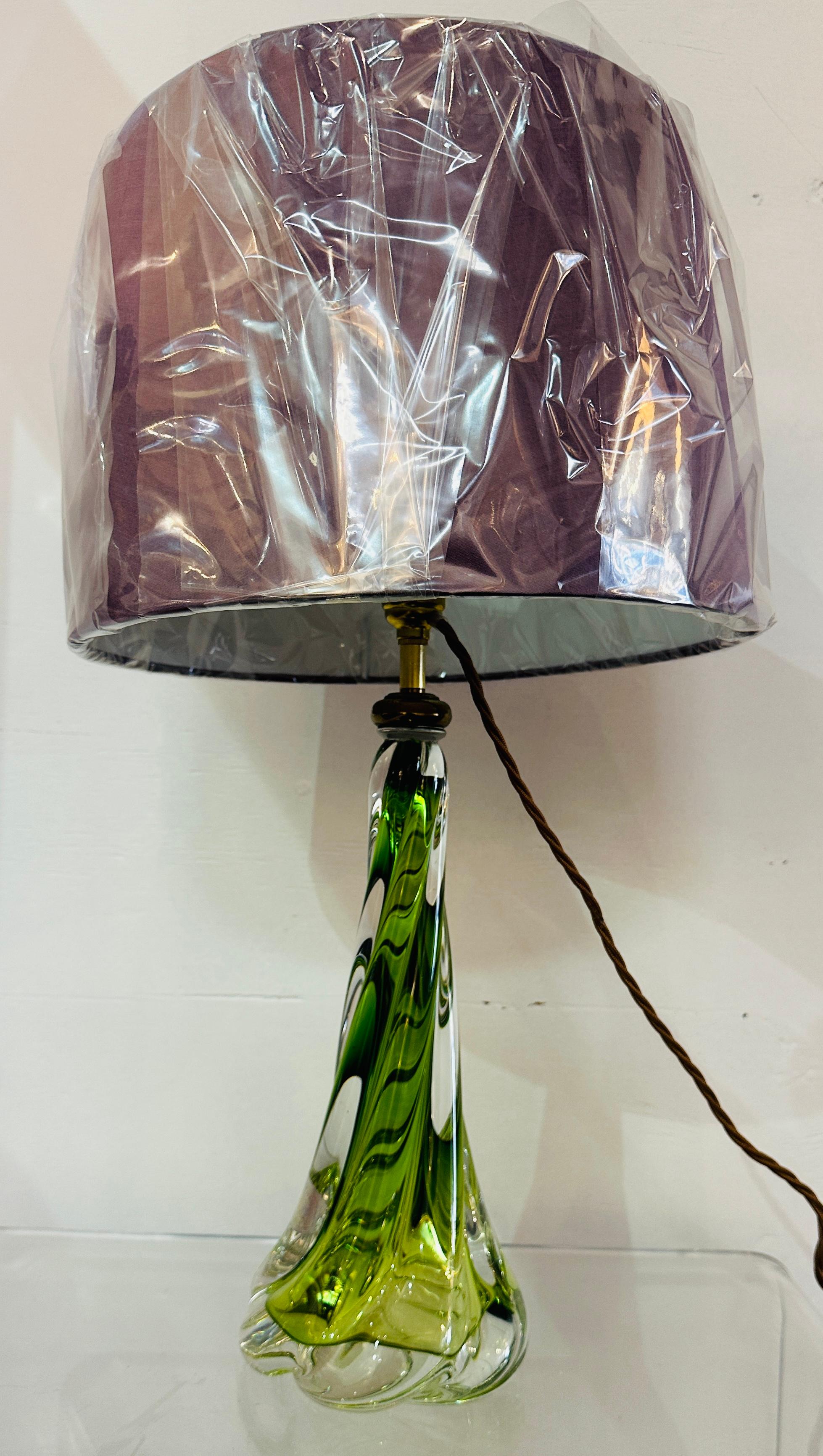 1950s Belgium Val St Lambert Light Green & Clear Twisted Crystal Glass Lamp Base 8