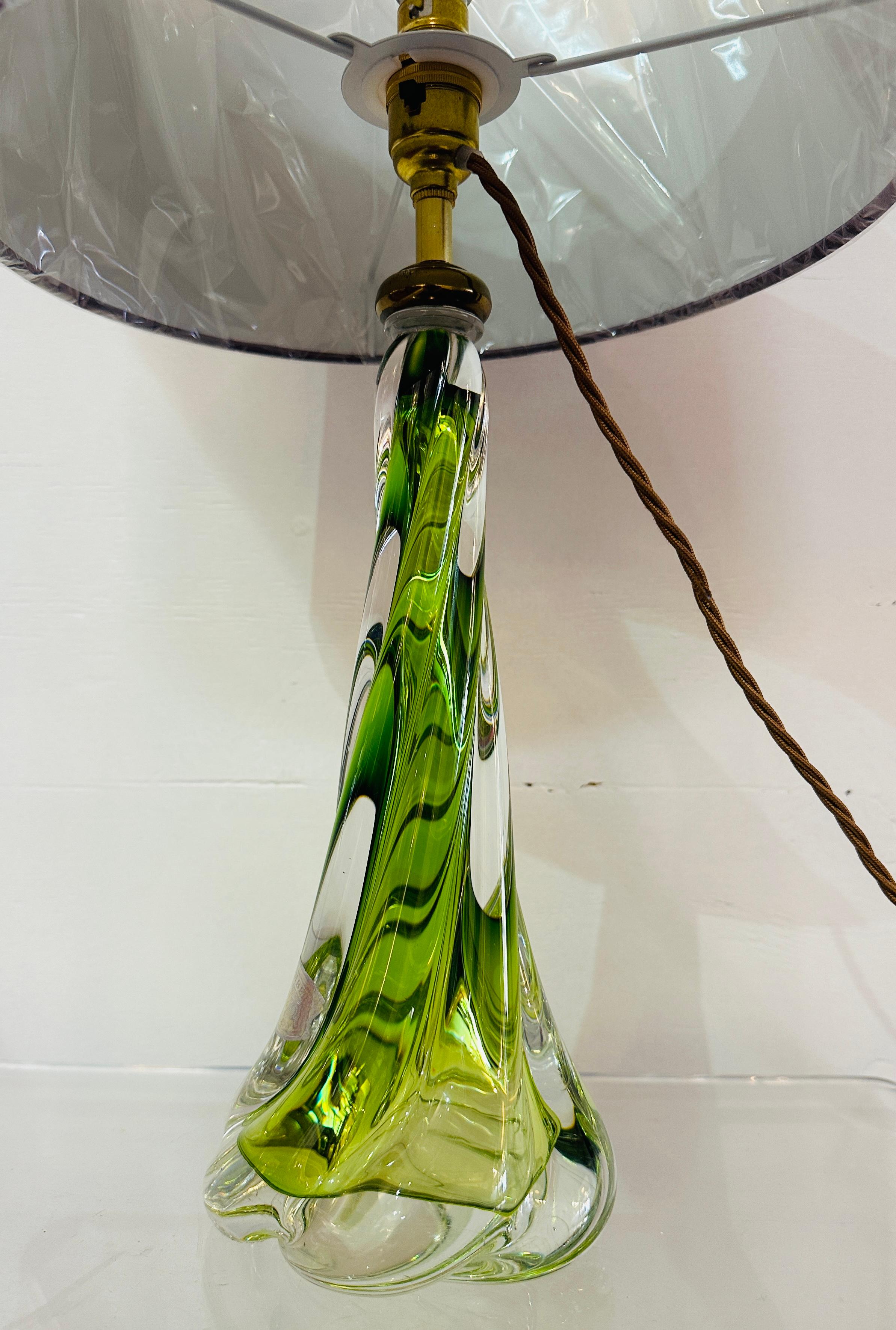 1950s Belgium Val St Lambert Light Green & Clear Twisted Crystal Glass Lamp Base 9