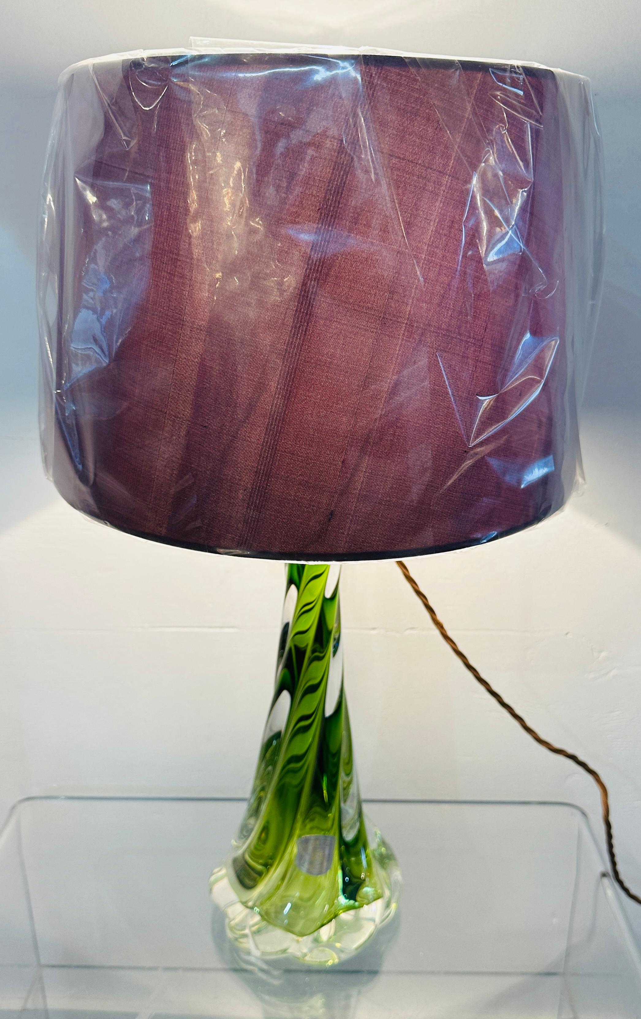 Mid-Century Modern 1950s Belgium Val St Lambert Light Green & Clear Twisted Crystal Glass Lamp Base