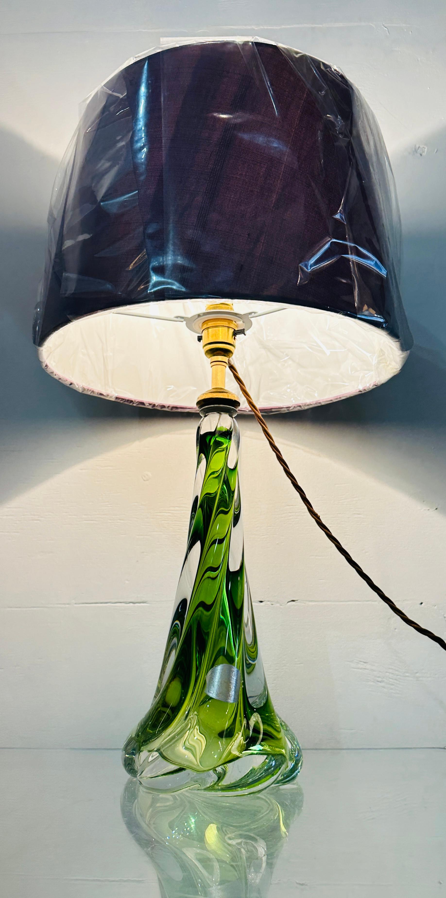 Belgian 1950s Belgium Val St Lambert Light Green & Clear Twisted Crystal Glass Lamp Base