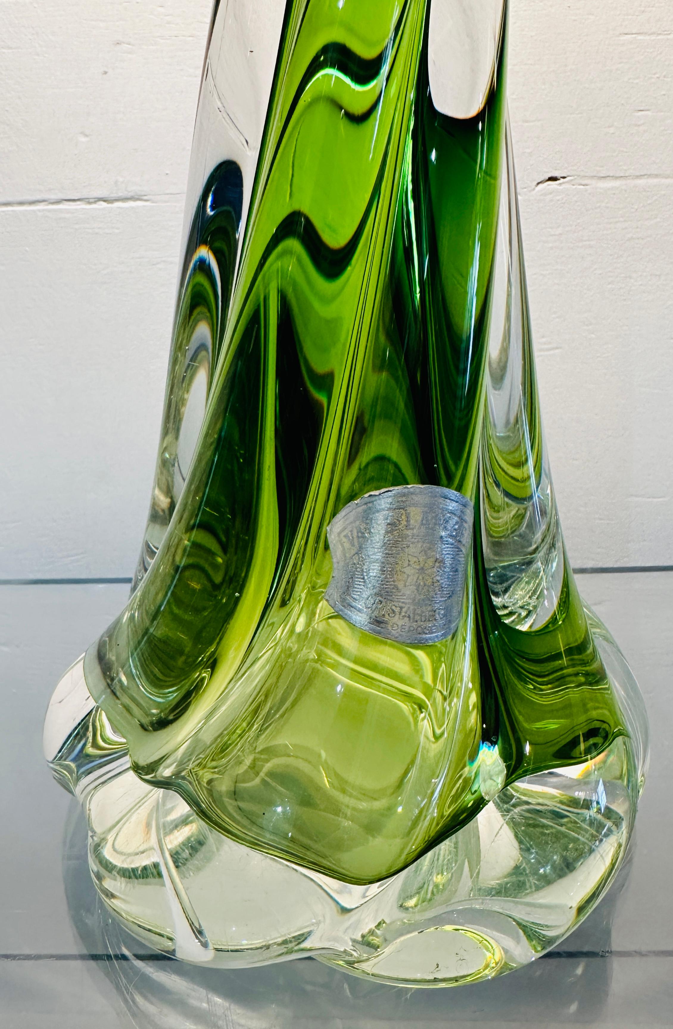 1950s Belgium Val St Lambert Light Green & Clear Twisted Crystal Glass Lamp Base In Good Condition In London, England