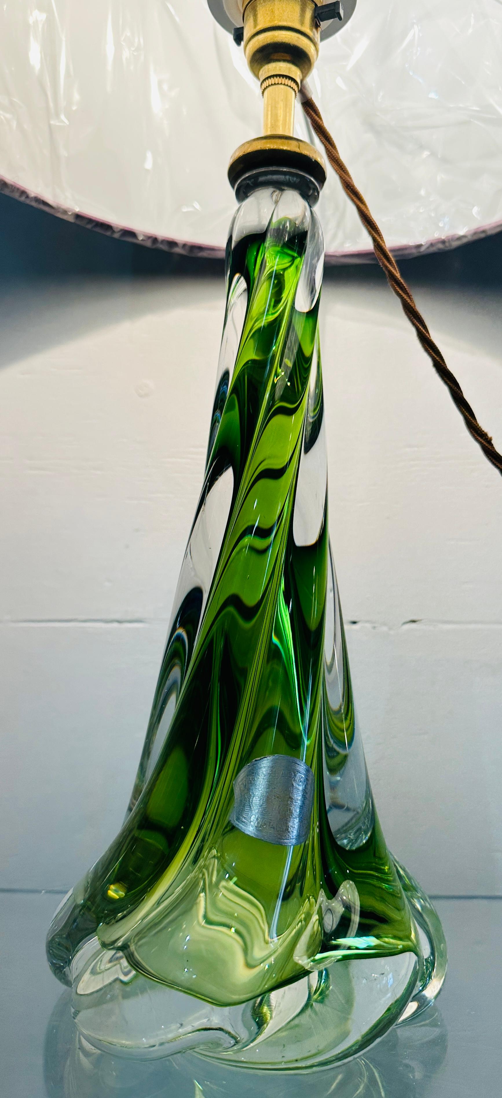 20th Century 1950s Belgium Val St Lambert Light Green & Clear Twisted Crystal Glass Lamp Base