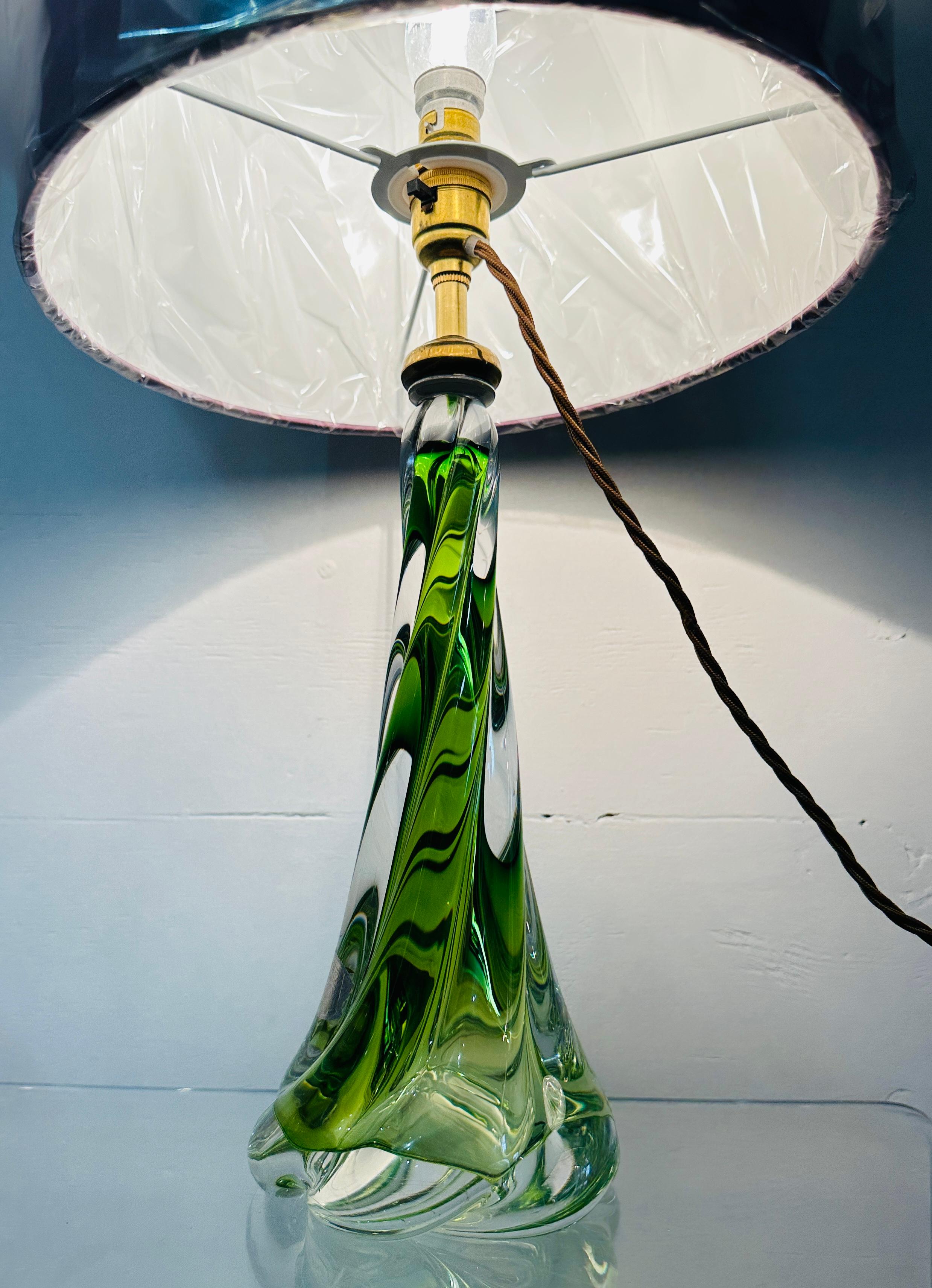 Brass 1950s Belgium Val St Lambert Light Green & Clear Twisted Crystal Glass Lamp Base