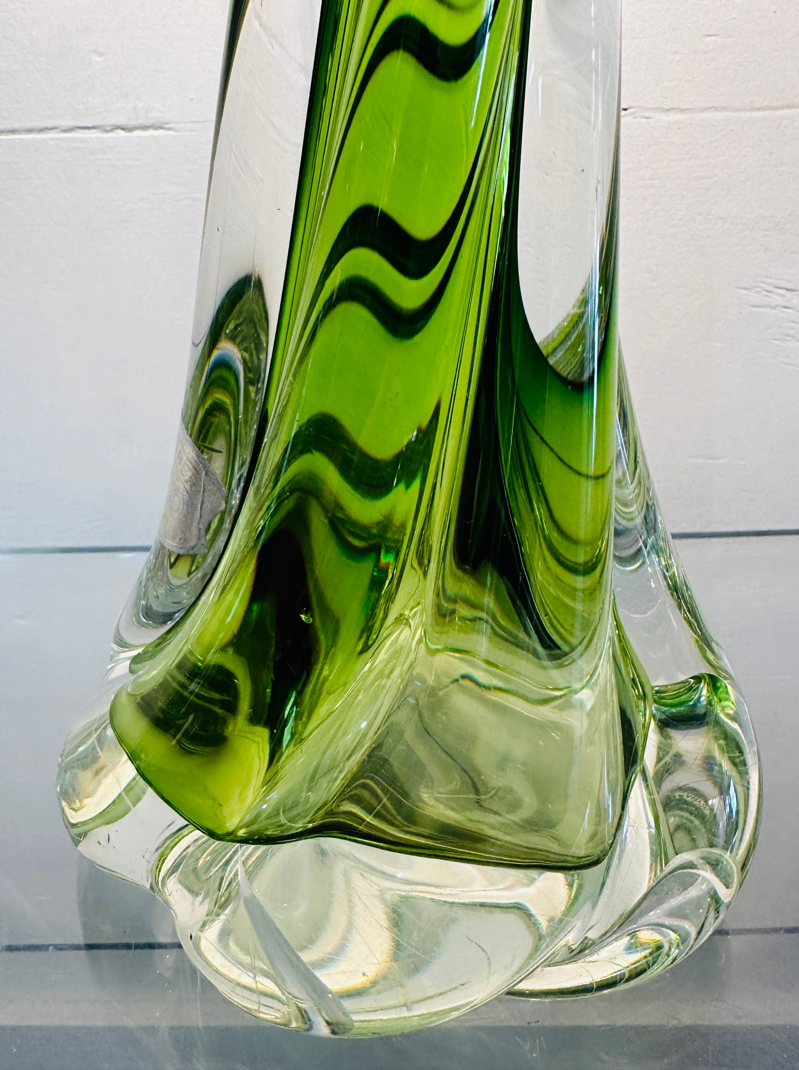 1950s Belgium Val St Lambert Light Green & Clear Twisted Crystal Glass Lamp Base 1