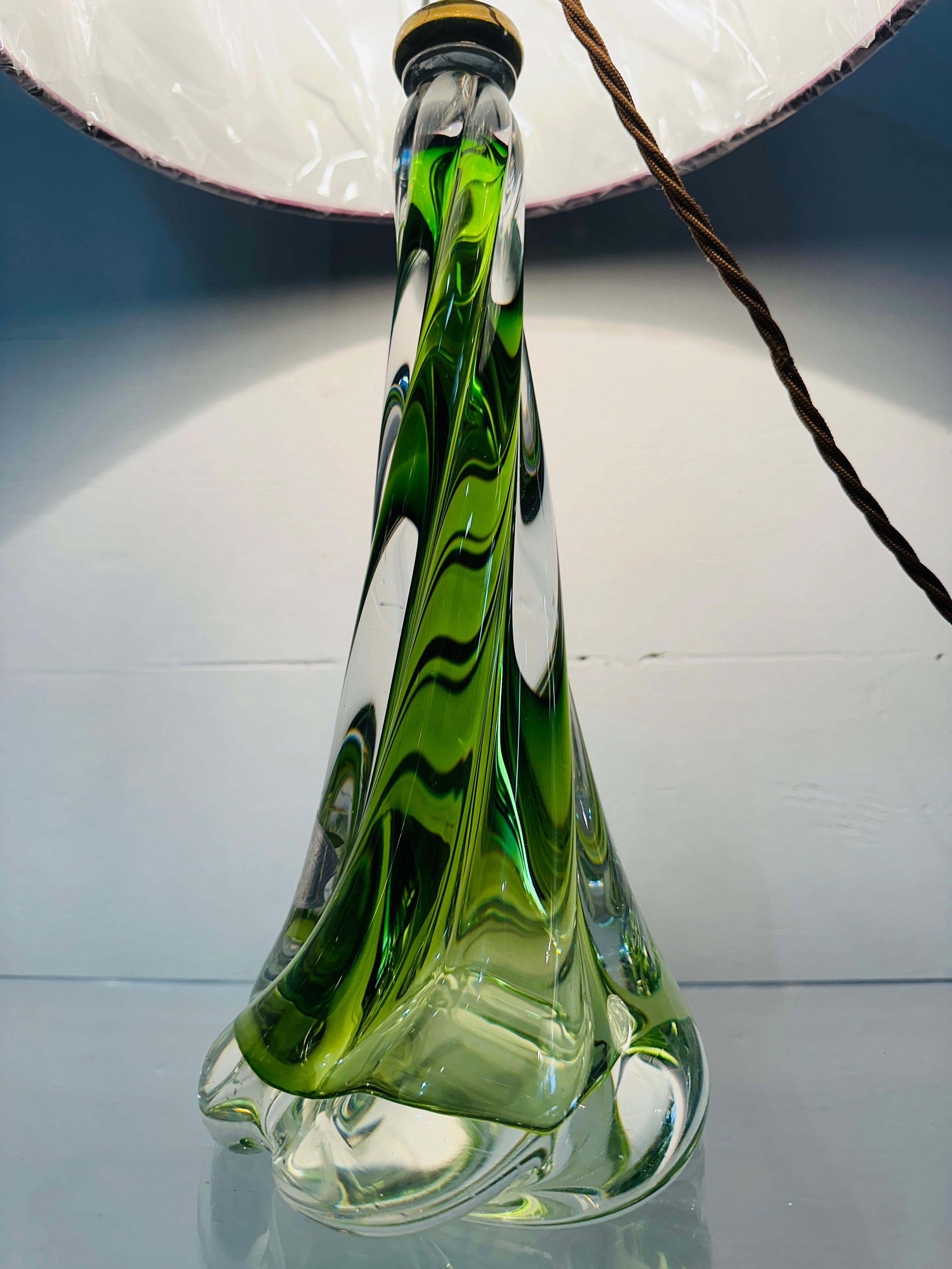 1950s Belgium Val St Lambert Light Green & Clear Twisted Crystal Glass Lamp Base 2