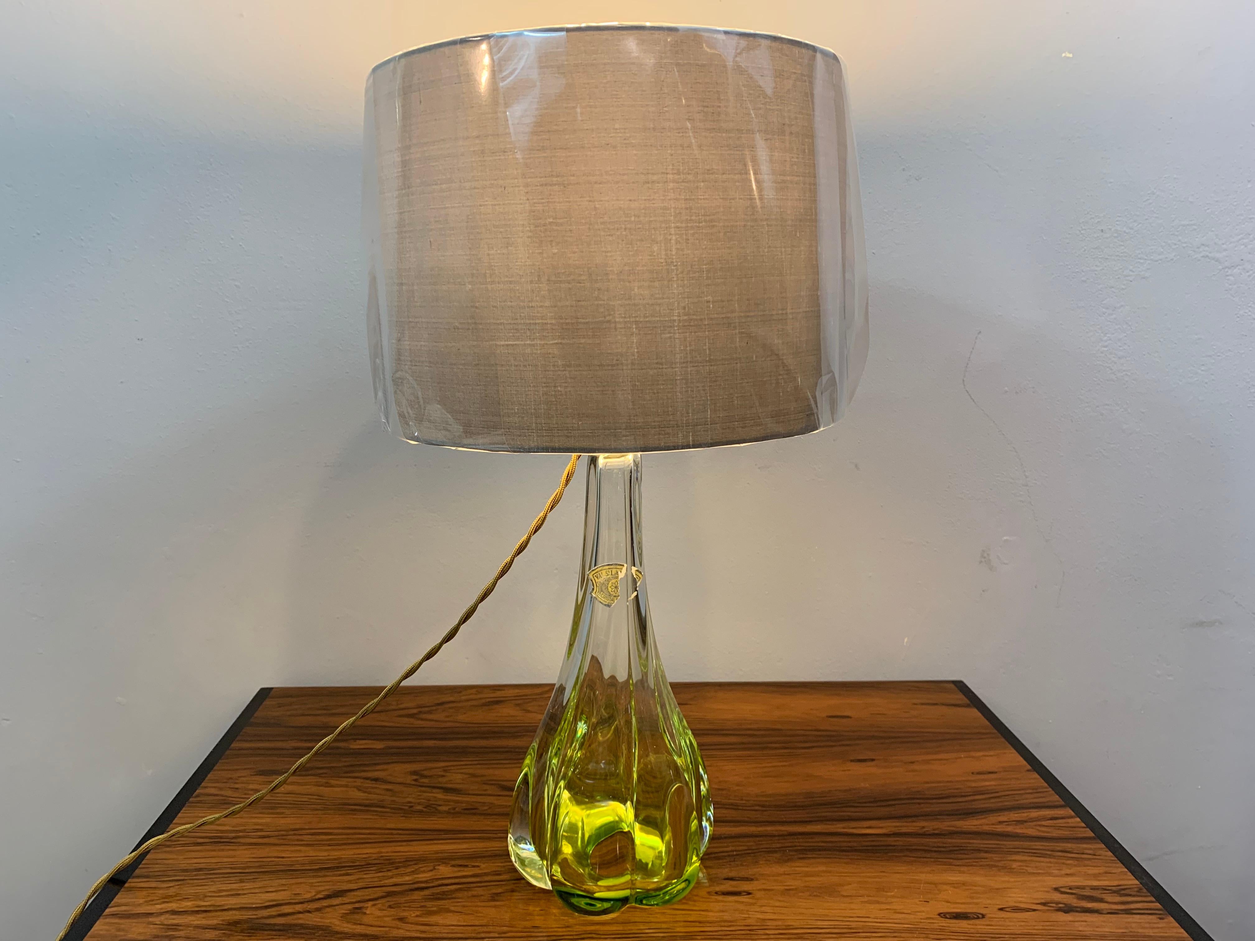 20th Century 1950s Belgium Val St. Lambert Lime Green and Clear Crystal Table Lamp Inc Shade