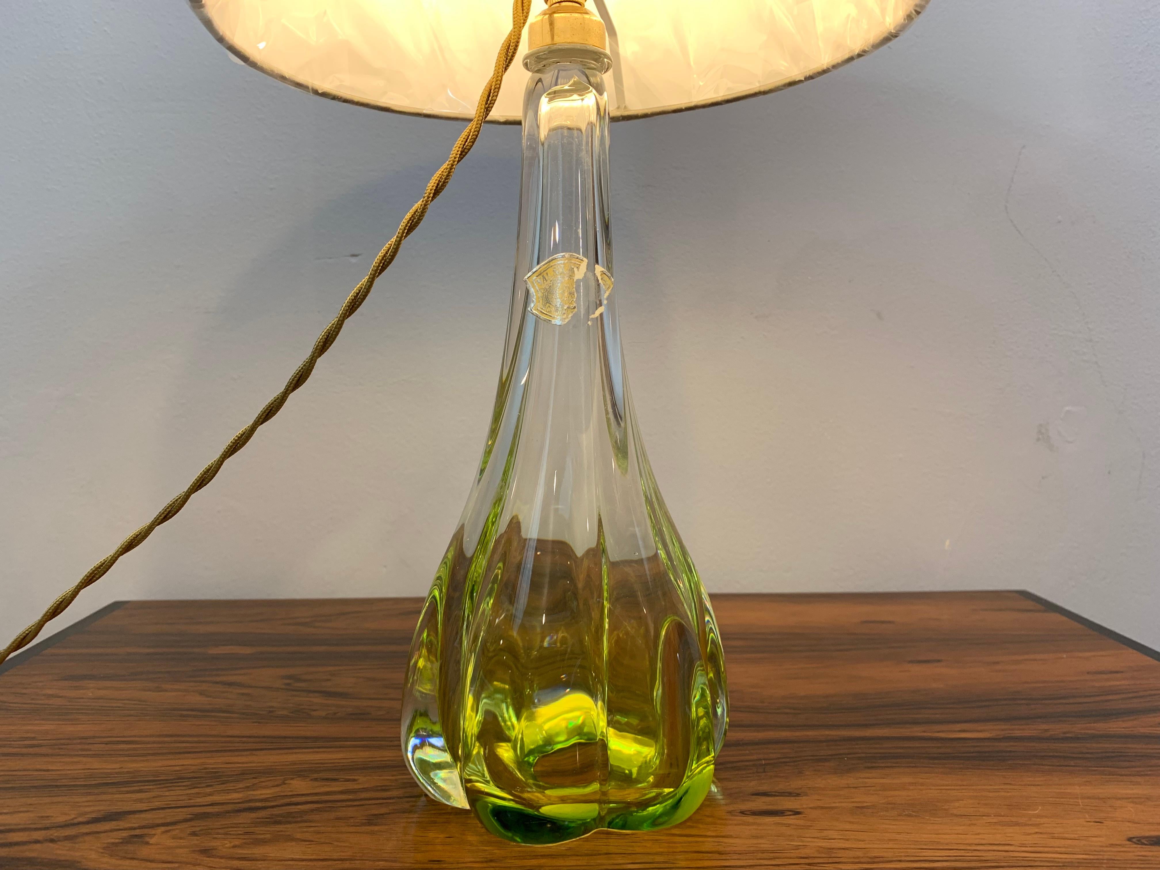 Blown Glass 1950s Belgium Val St. Lambert Lime Green and Clear Crystal Table Lamp Inc Shade