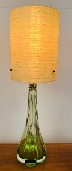 1950s Belgium Val St Lambert Lime Green Indented Crystal Glass Table Lamp Base