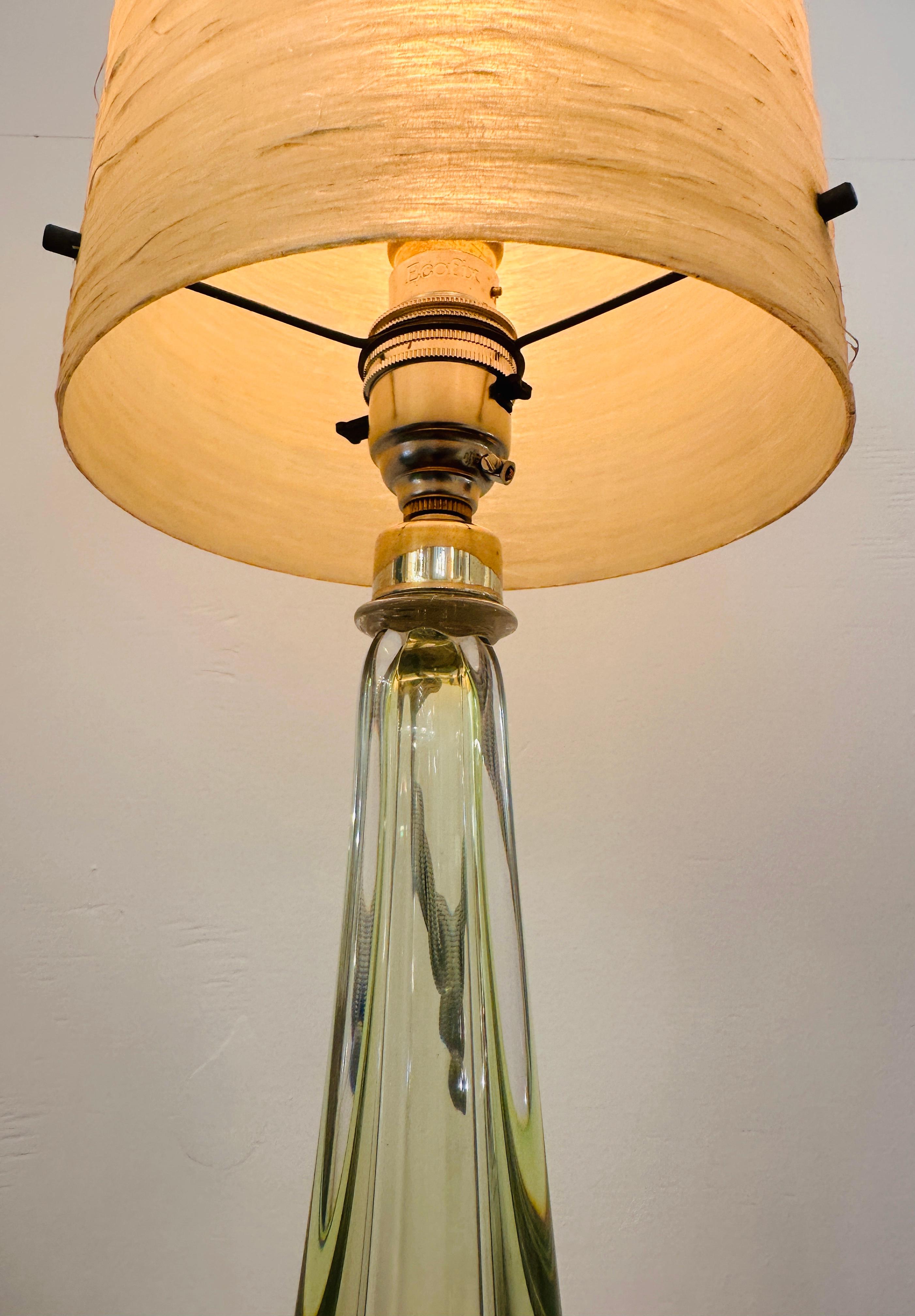 Poli 1950s Belgium Val St Lambert Lime Green Indented Crystal Glass Table Lamp Base en vente