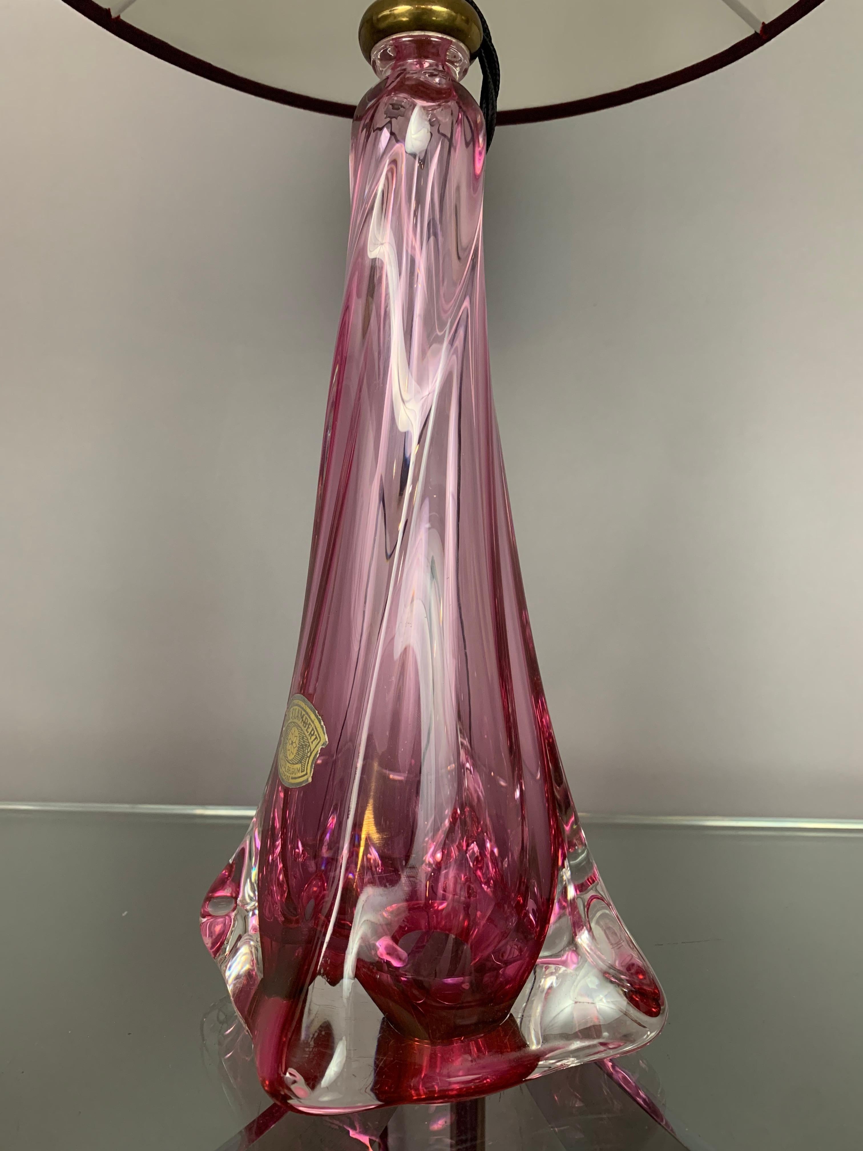 1950s Belgium Val St Lambert Pink & Clear Crystal Glass Table Lamp Include Shade 3