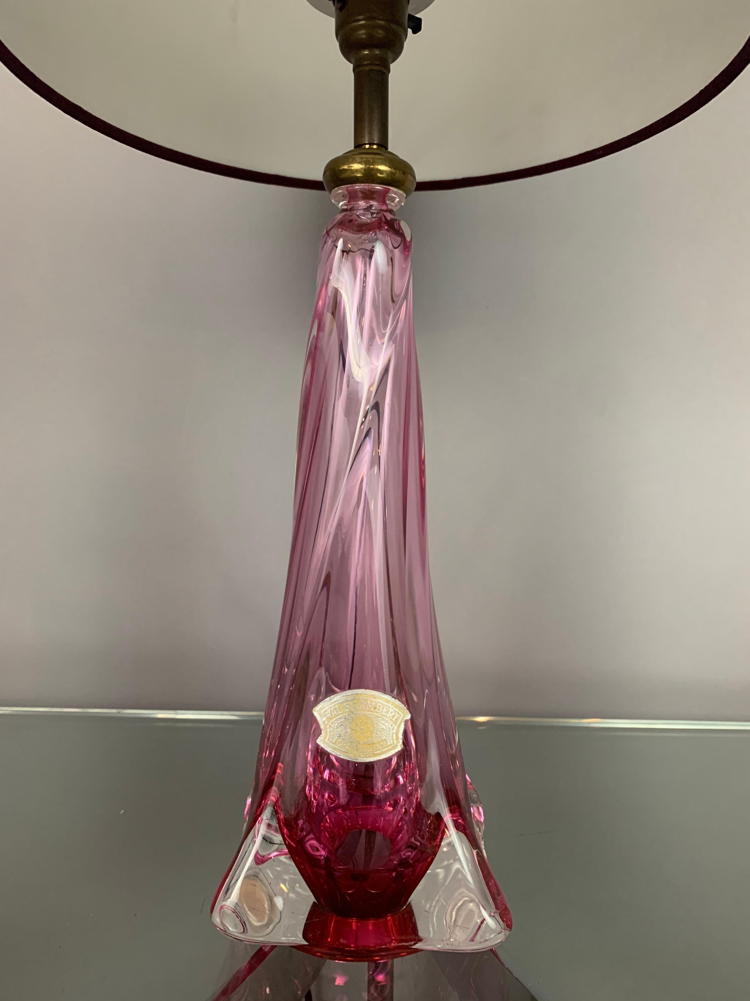 Mid-Century Modern 1950s Belgium Val St Lambert Pink & Clear Crystal Glass Table Lamp Include Shade