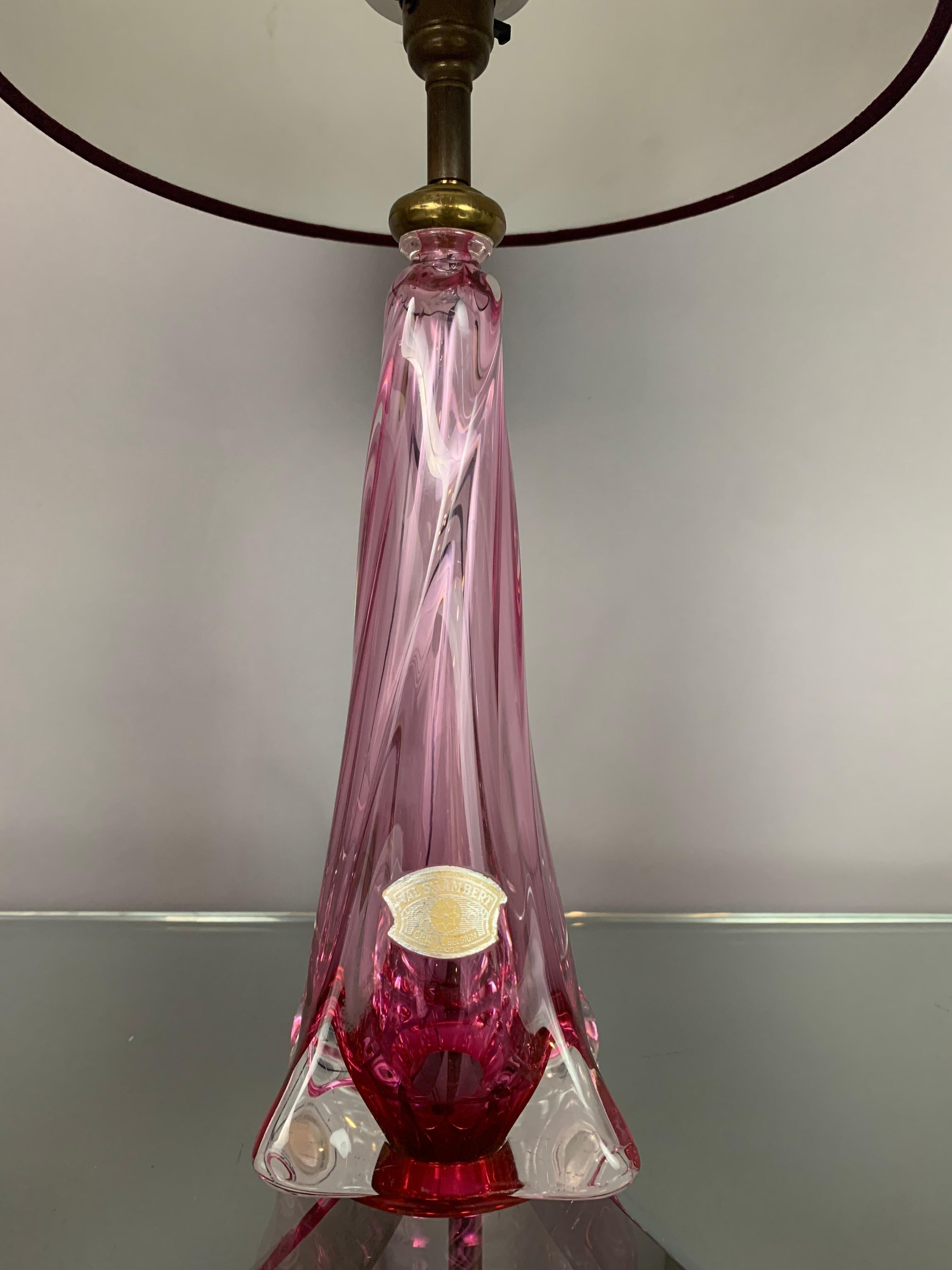 Belgian 1950s Belgium Val St Lambert Pink & Clear Crystal Glass Table Lamp Include Shade