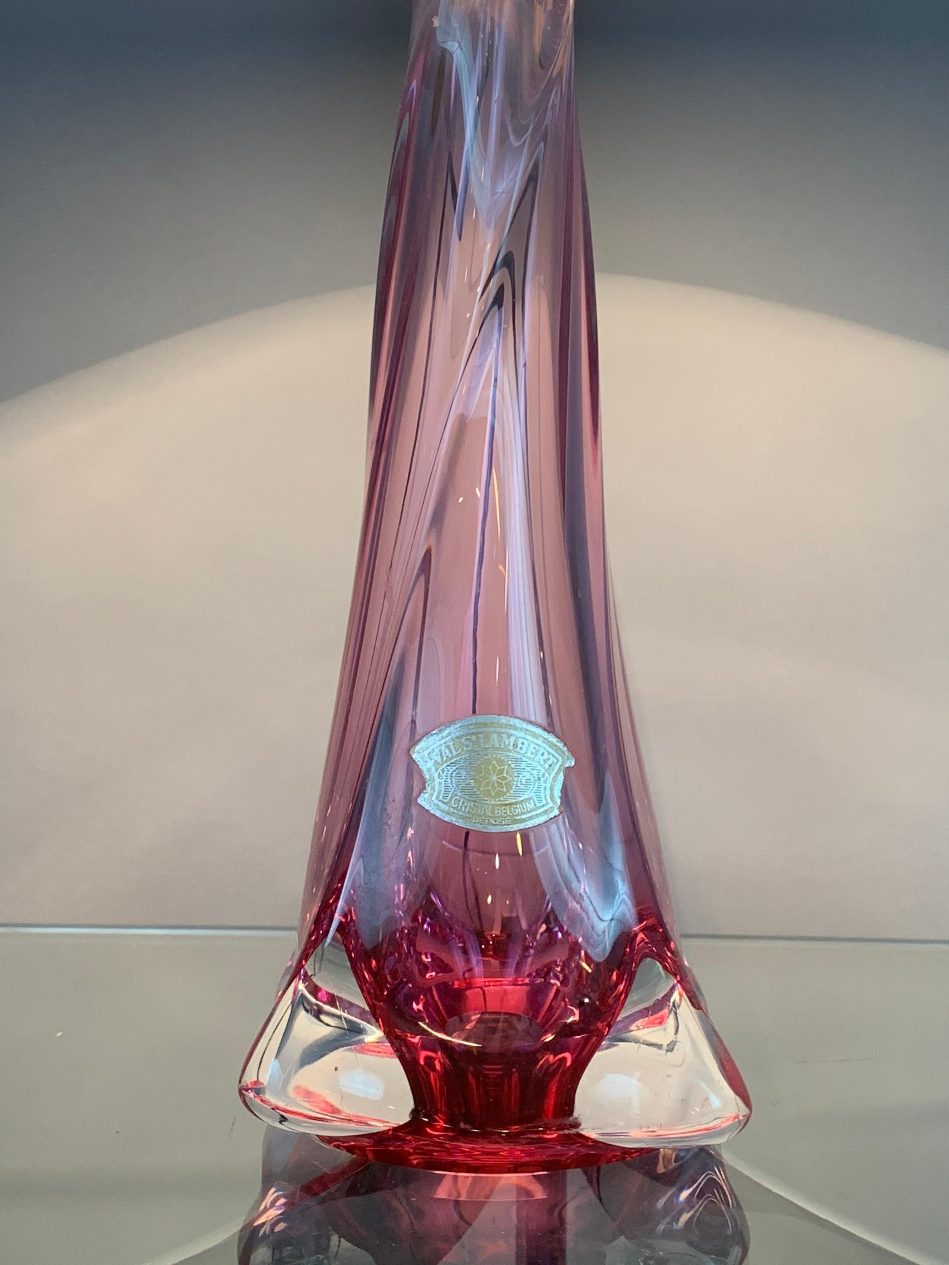 1950s Belgium Val St Lambert Pink & Clear Crystal Glass Table Lamp Include Shade In Good Condition In London, GB