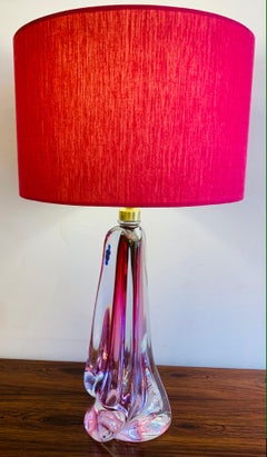 1950s Belgium Val St Lambert Pink & Clear Glass Crystal Table Lamp Inc Shade