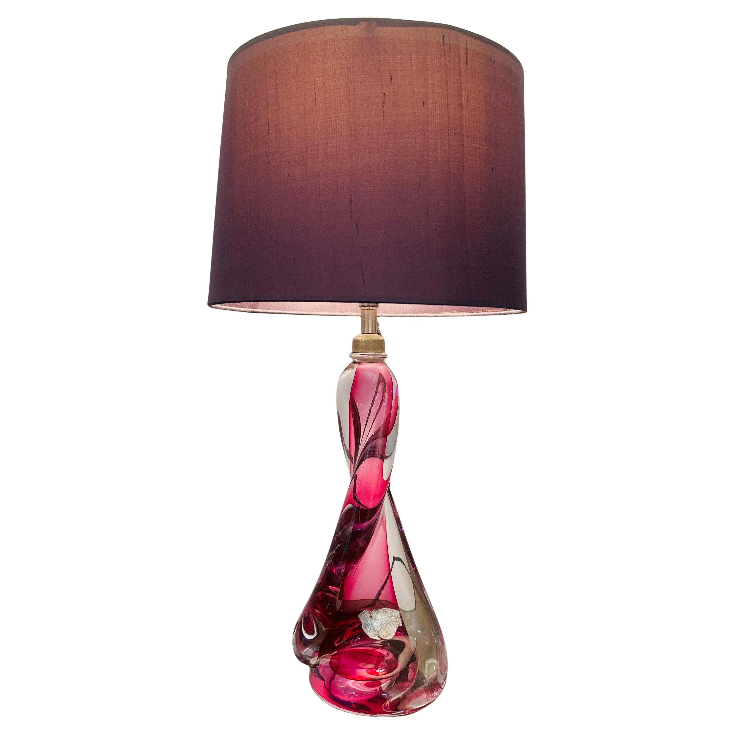 1950s Belgium Val St Lambert Pink & Clear Twisted Crystal Glass Lamp Base