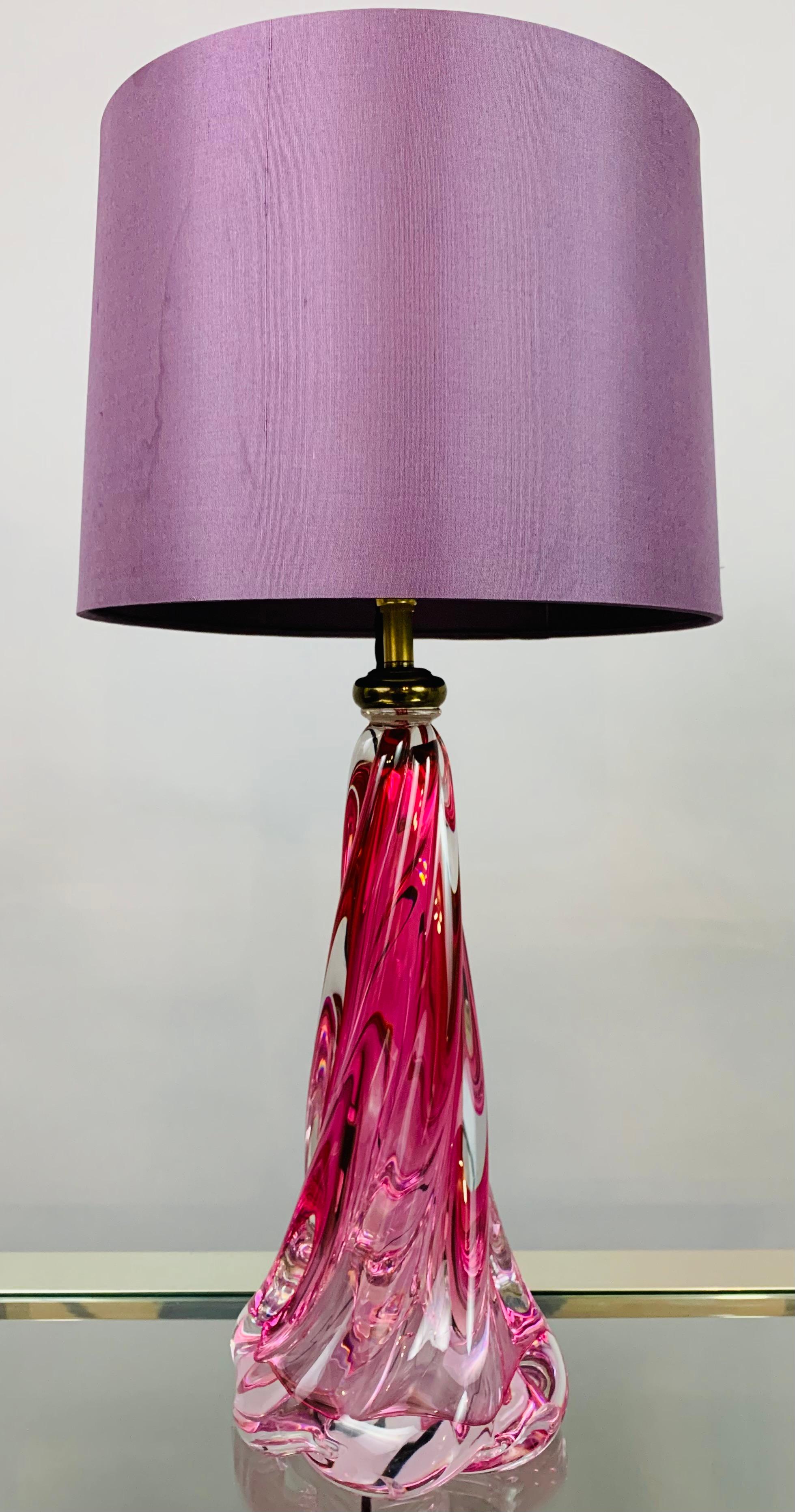 1950s Belgium Val St Lambert Pink Swirled Twisted Crystal Glass Lamp Base 3