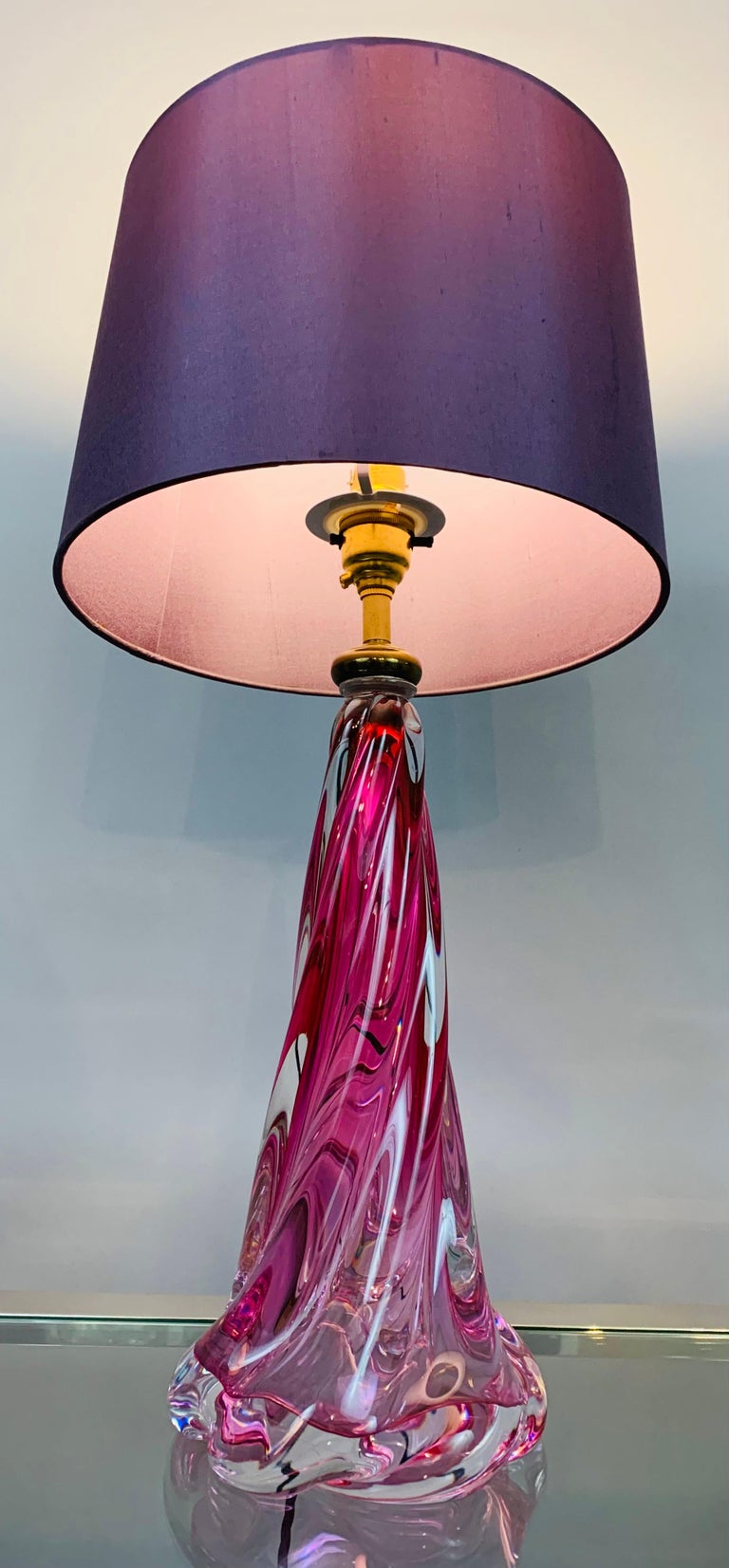1950s Belgium Val St Lambert Pink Swirled Twisted Crystal Glass Lamp Base  at 1stDibs