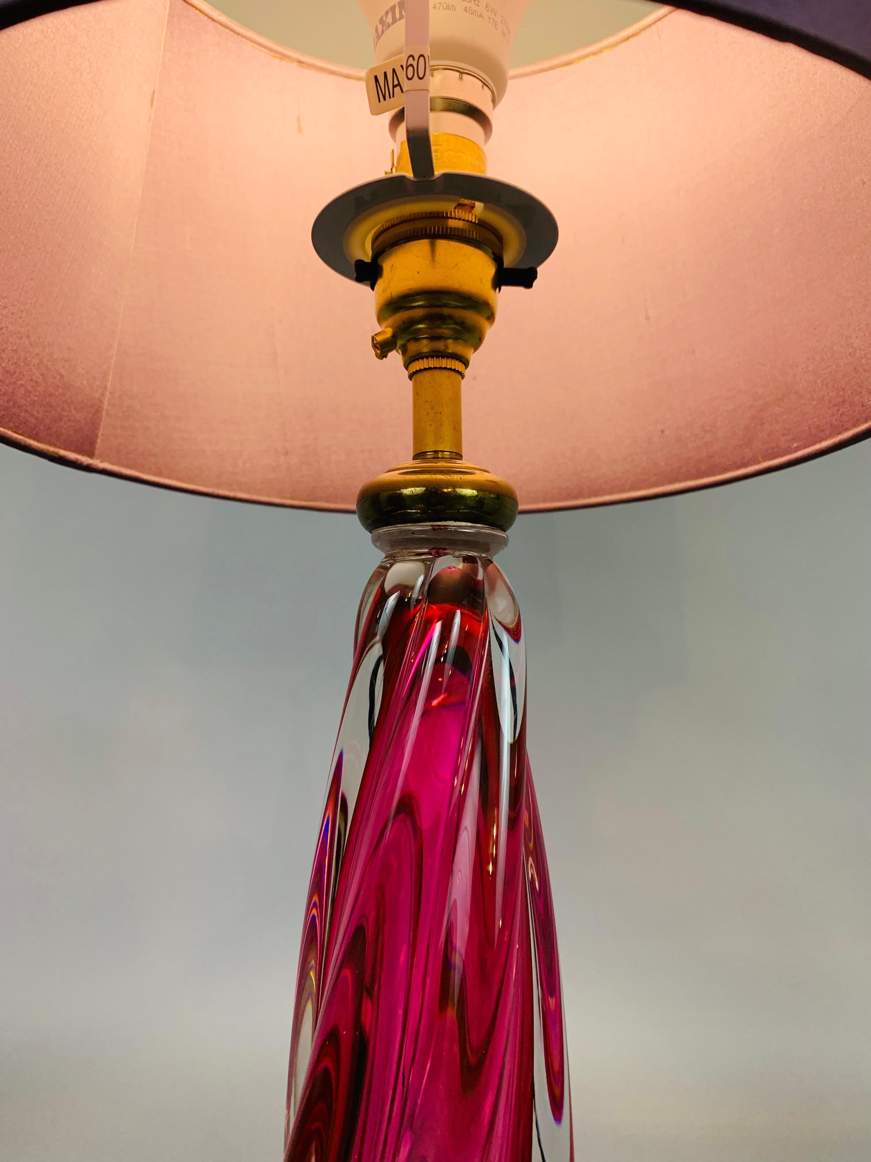 Mid-Century Modern 1950s Belgium Val St Lambert Pink Swirled Twisted Crystal Glass Lamp Base