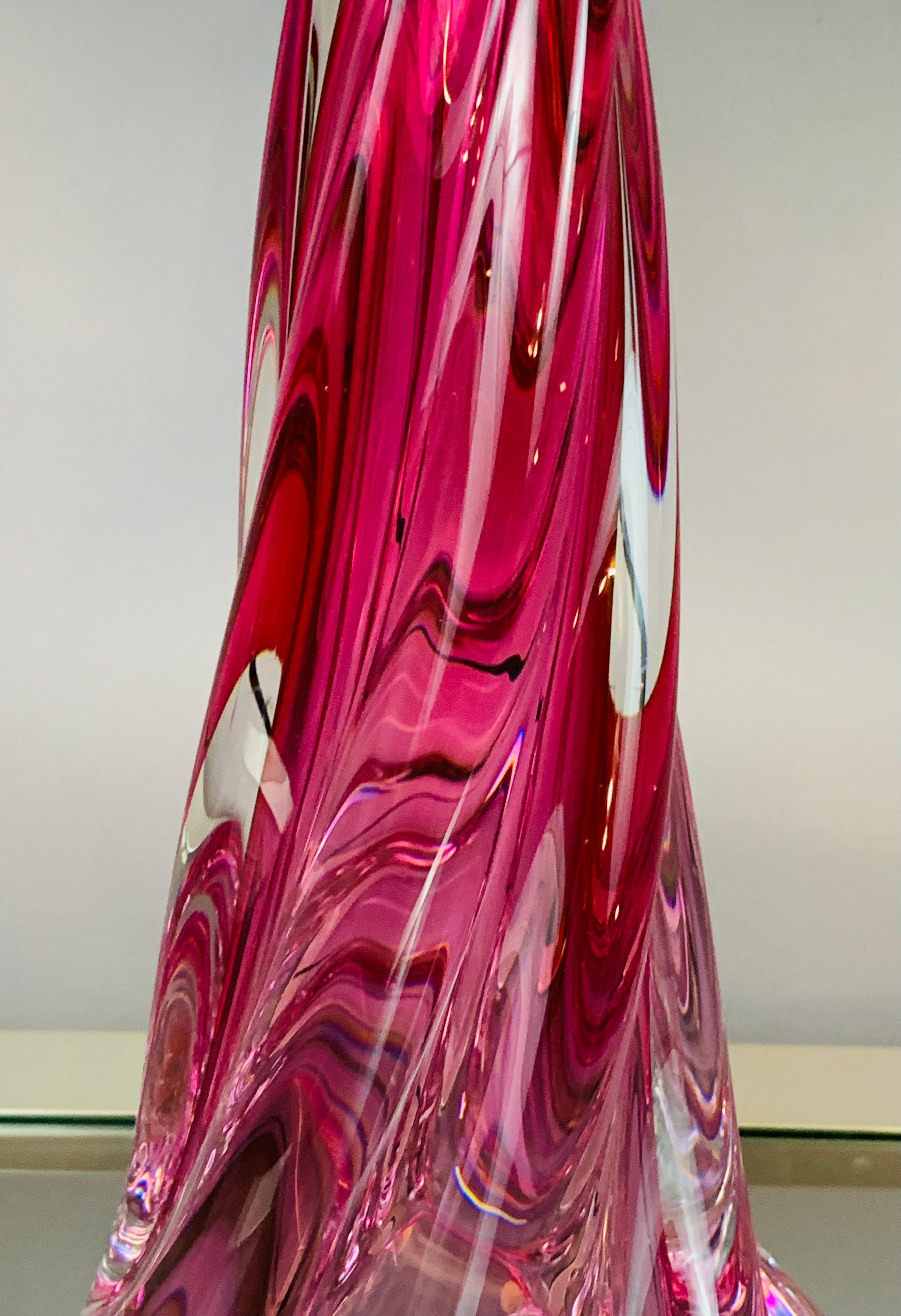 Belgian 1950s Belgium Val St Lambert Pink Swirled Twisted Crystal Glass Lamp Base