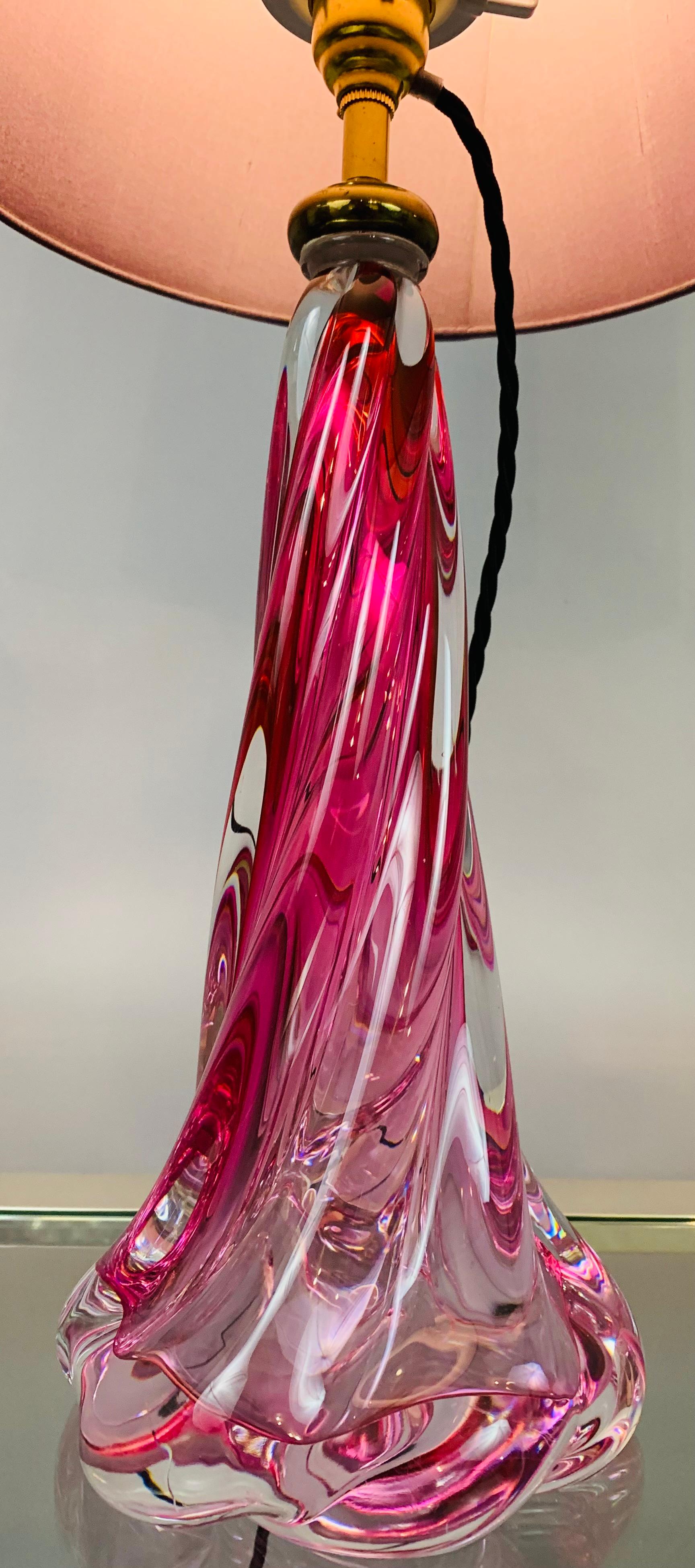 1950s Belgium Val St Lambert Pink Swirled Twisted Crystal Glass Lamp Base In Good Condition In London, GB