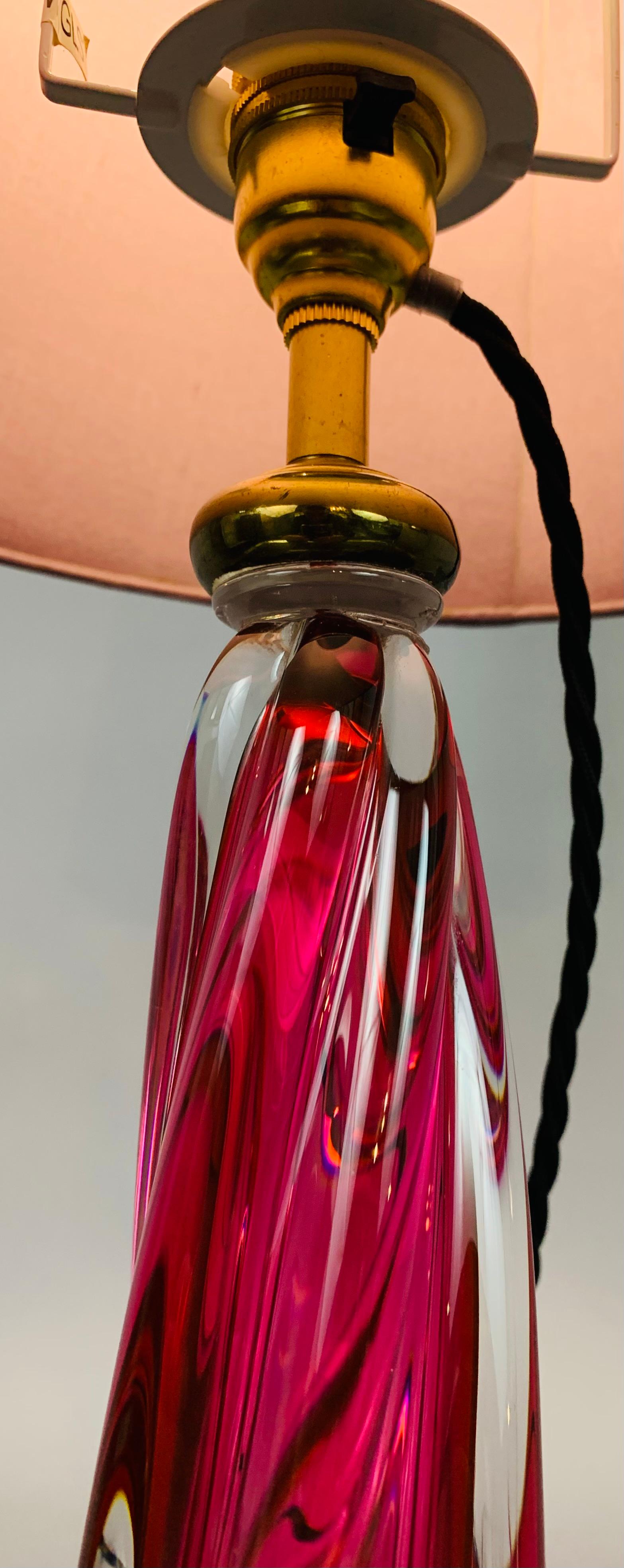 20th Century 1950s Belgium Val St Lambert Pink Swirled Twisted Crystal Glass Lamp Base