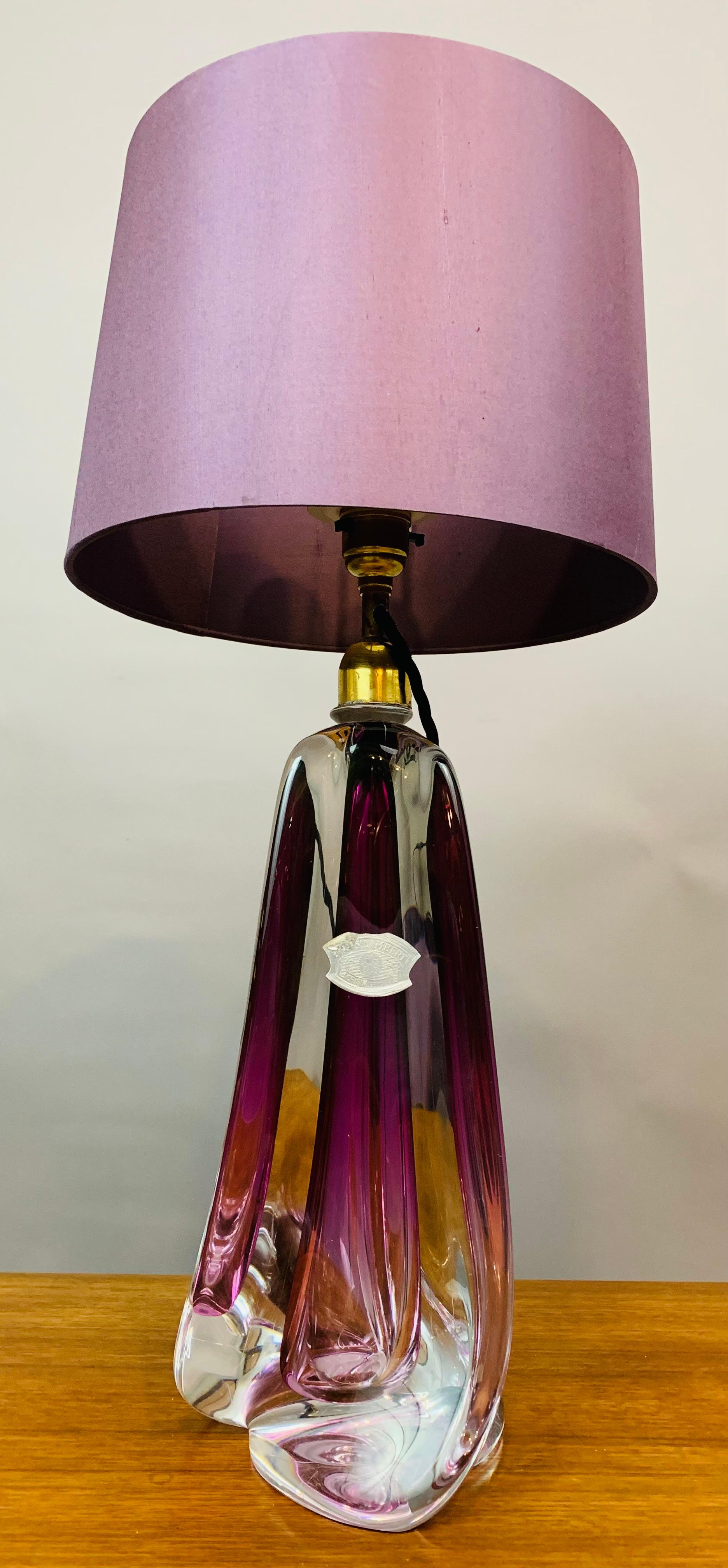 1950s Belgium Val St Lambert Purple & Clear Crystal Glass & Brass Table Lamp 3
