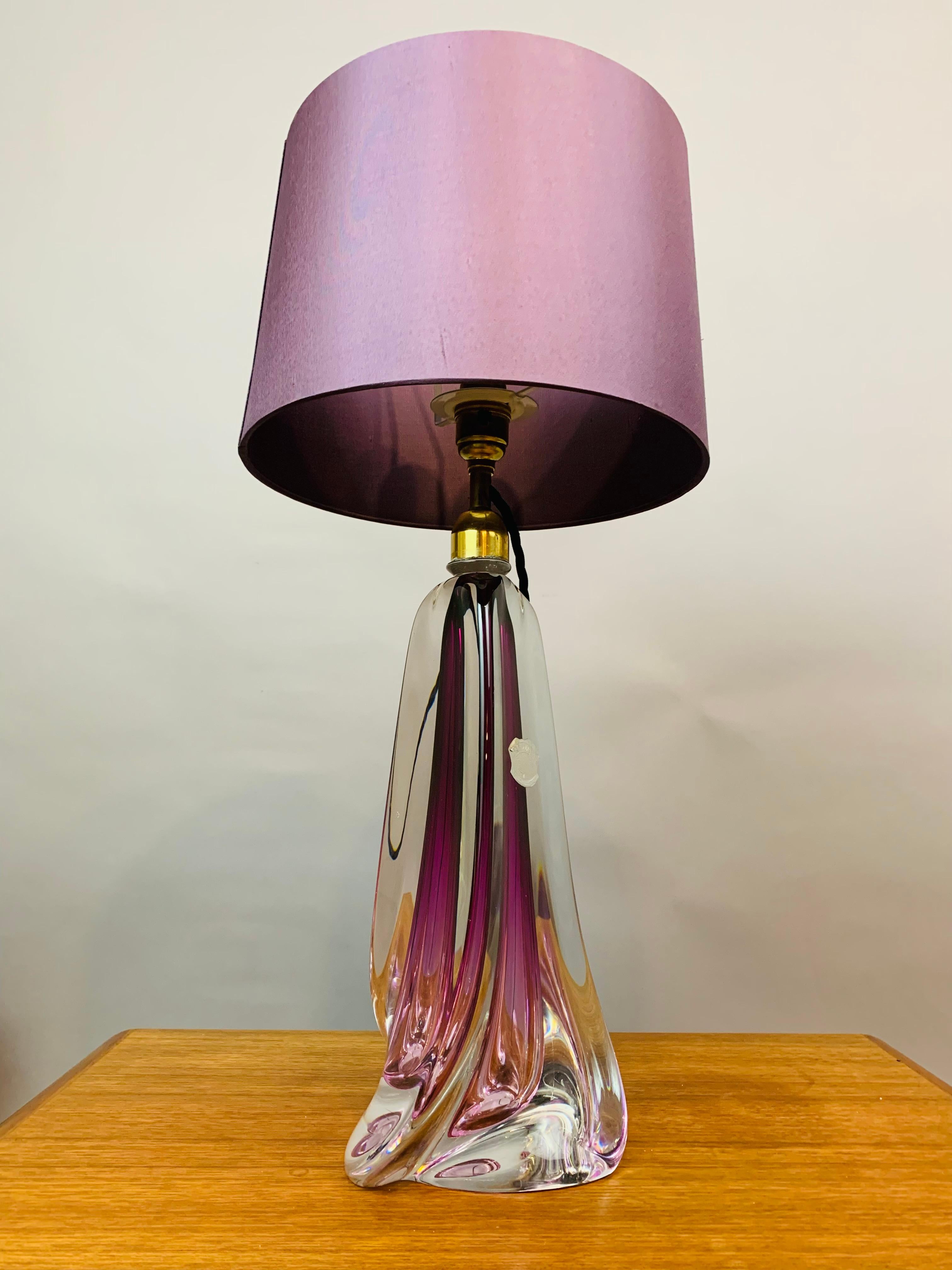 1950s Belgium Val St Lambert Purple & Clear Crystal Glass & Brass Table Lamp 4
