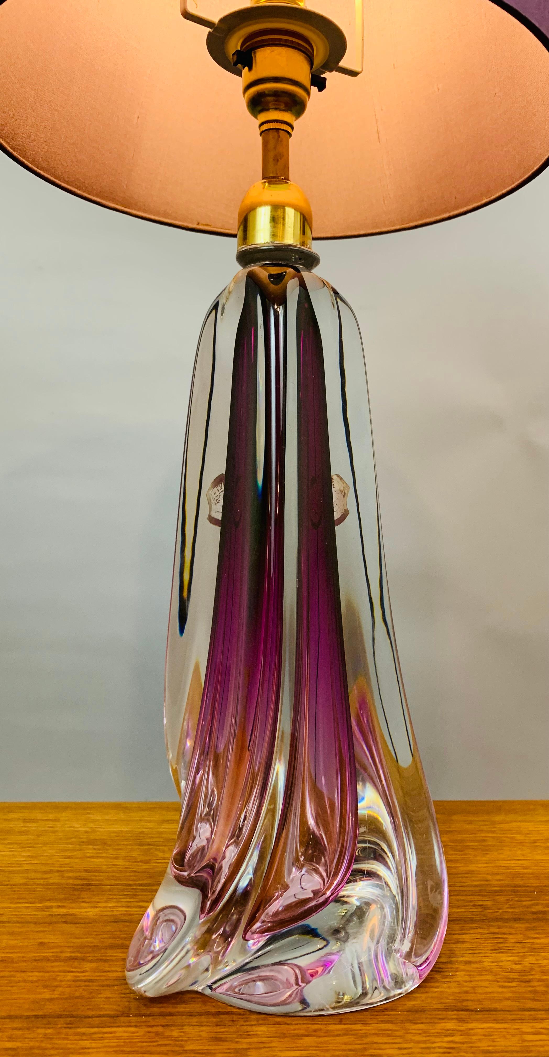 1950s Belgium Val St Lambert Purple & Clear Crystal Glass & Brass Table Lamp 5