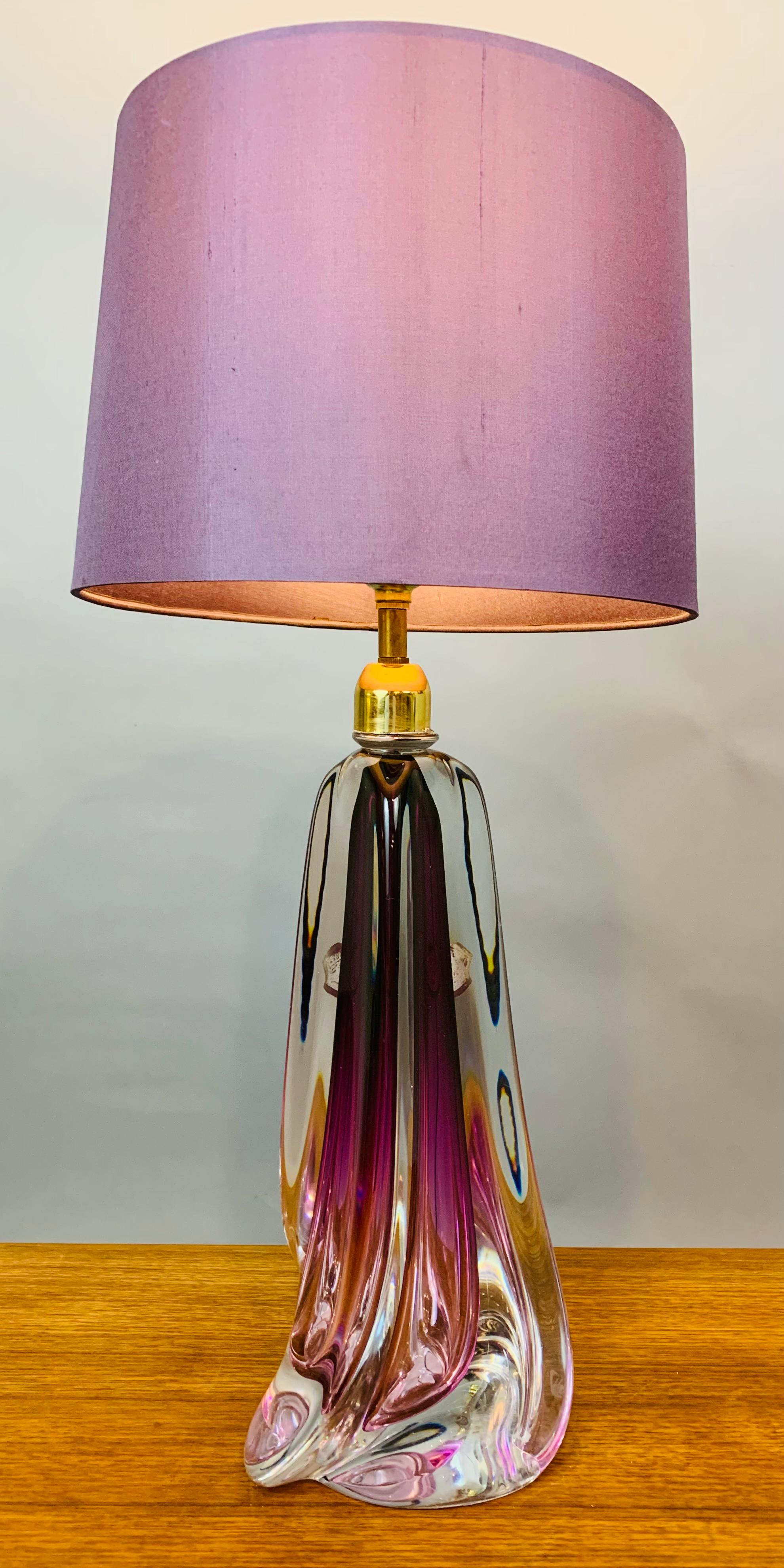 1950s Belgium Val Saint Lambert purple and clear crystal glass table lamp of tapering geometric form with a brass mounted bayonet bulb socket. Hand Blown in heavy lead crystal glass which makes each one unique and slightly different even if they're