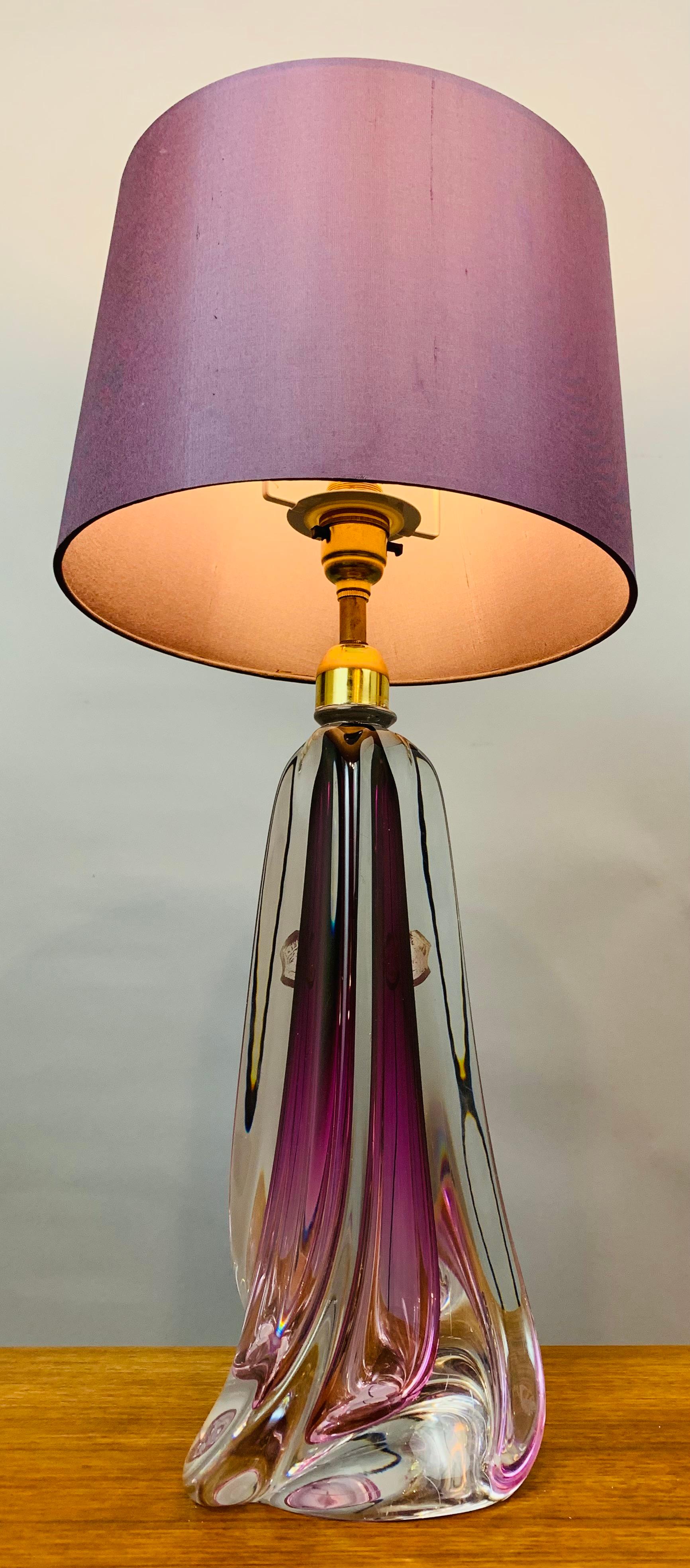 Mid-Century Modern 1950s Belgium Val St Lambert Purple & Clear Crystal Glass & Brass Table Lamp
