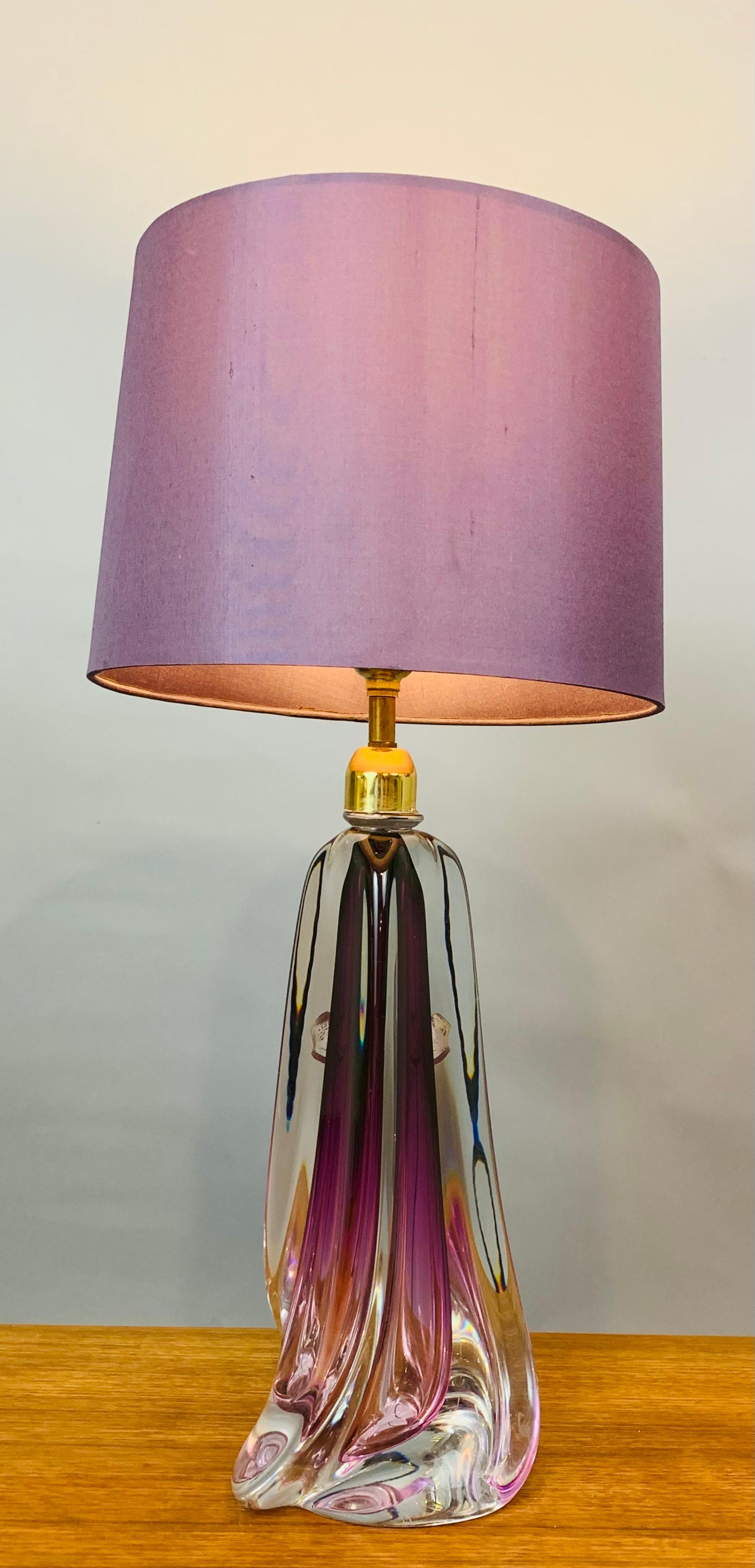 Belgian 1950s Belgium Val St Lambert Purple & Clear Crystal Glass & Brass Table Lamp