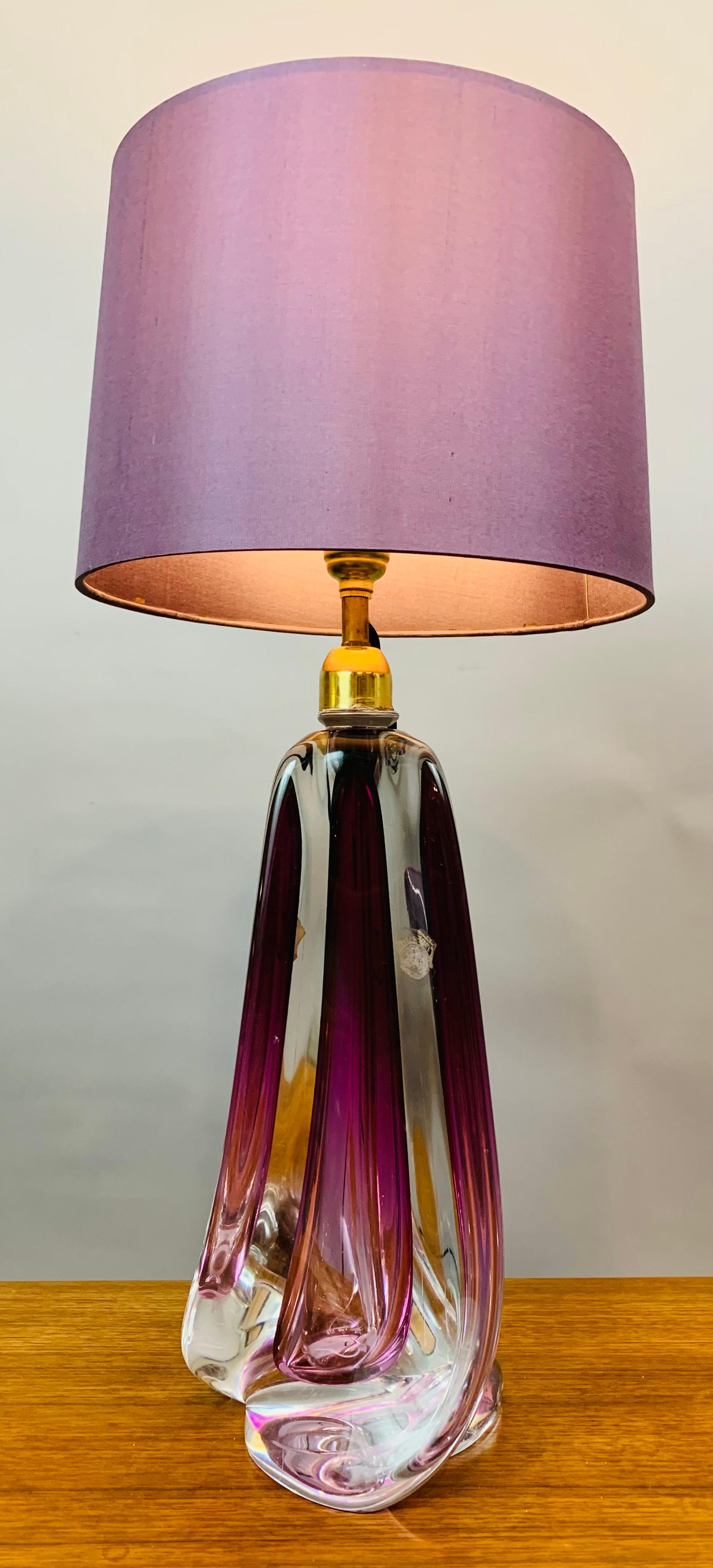 Polished 1950s Belgium Val St Lambert Purple & Clear Crystal Glass & Brass Table Lamp
