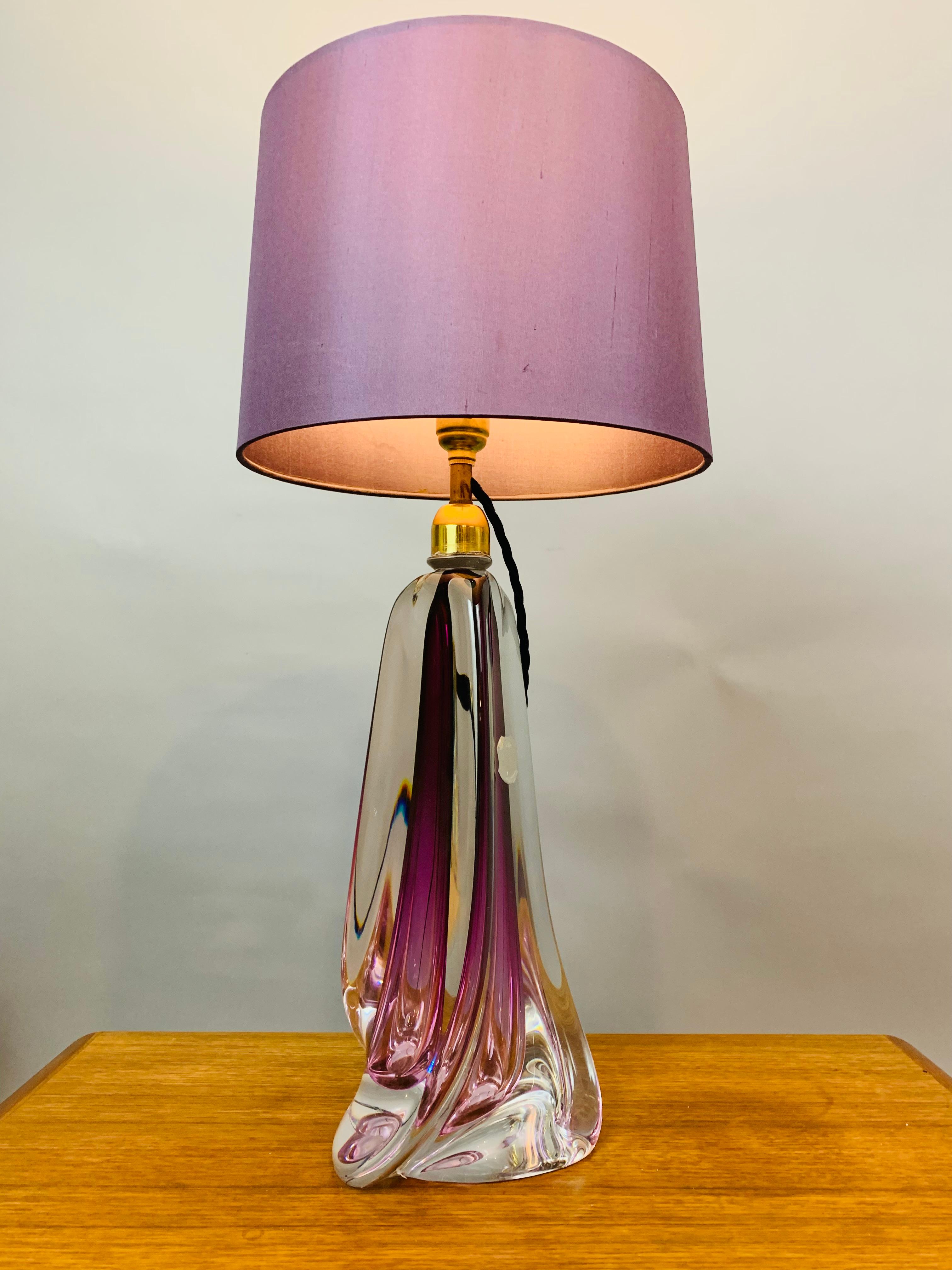 1950s Belgium Val St Lambert Purple & Clear Crystal Glass & Brass Table Lamp In Good Condition In London, England