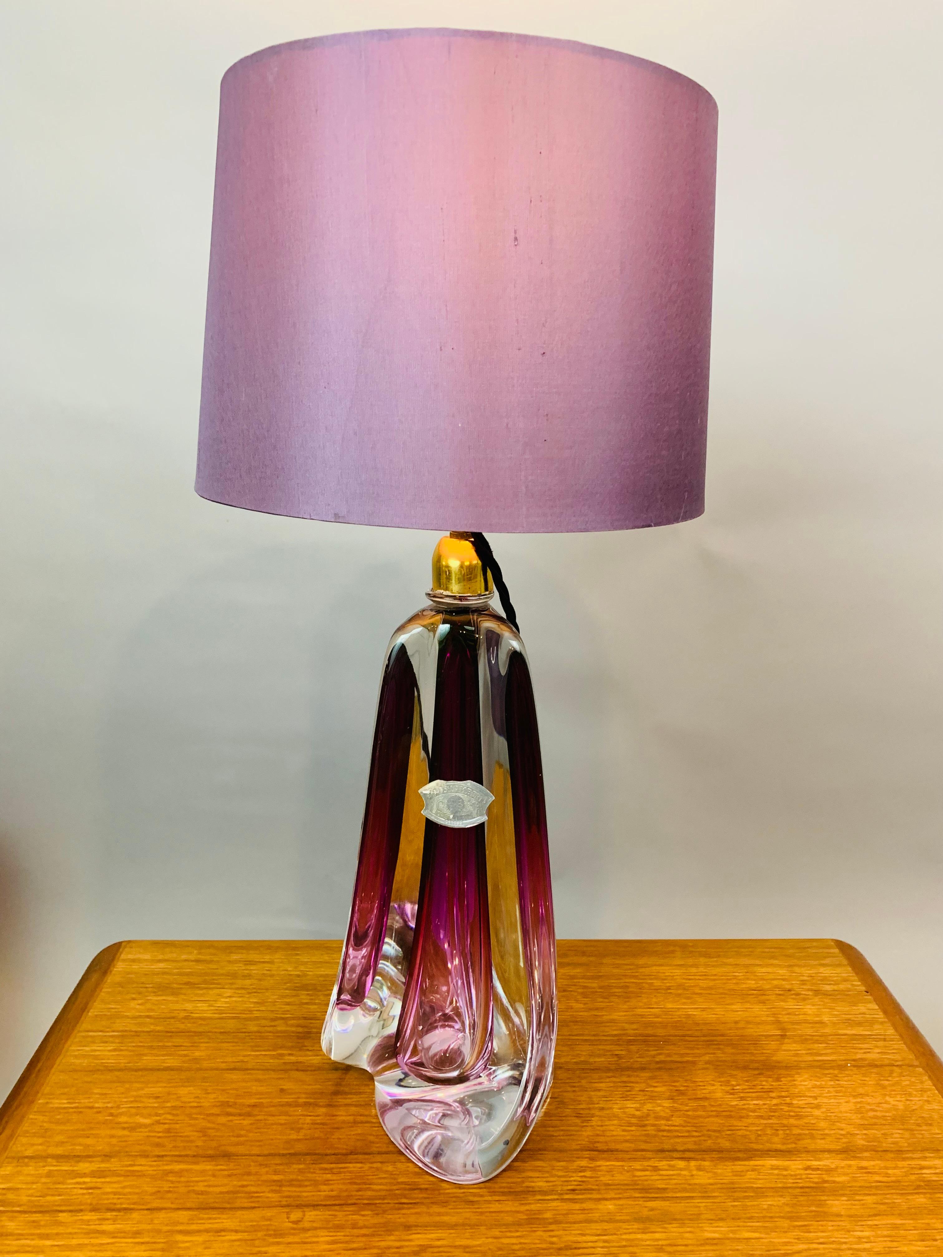 1950s Belgium Val St Lambert Purple & Clear Crystal Glass & Brass Table Lamp 1