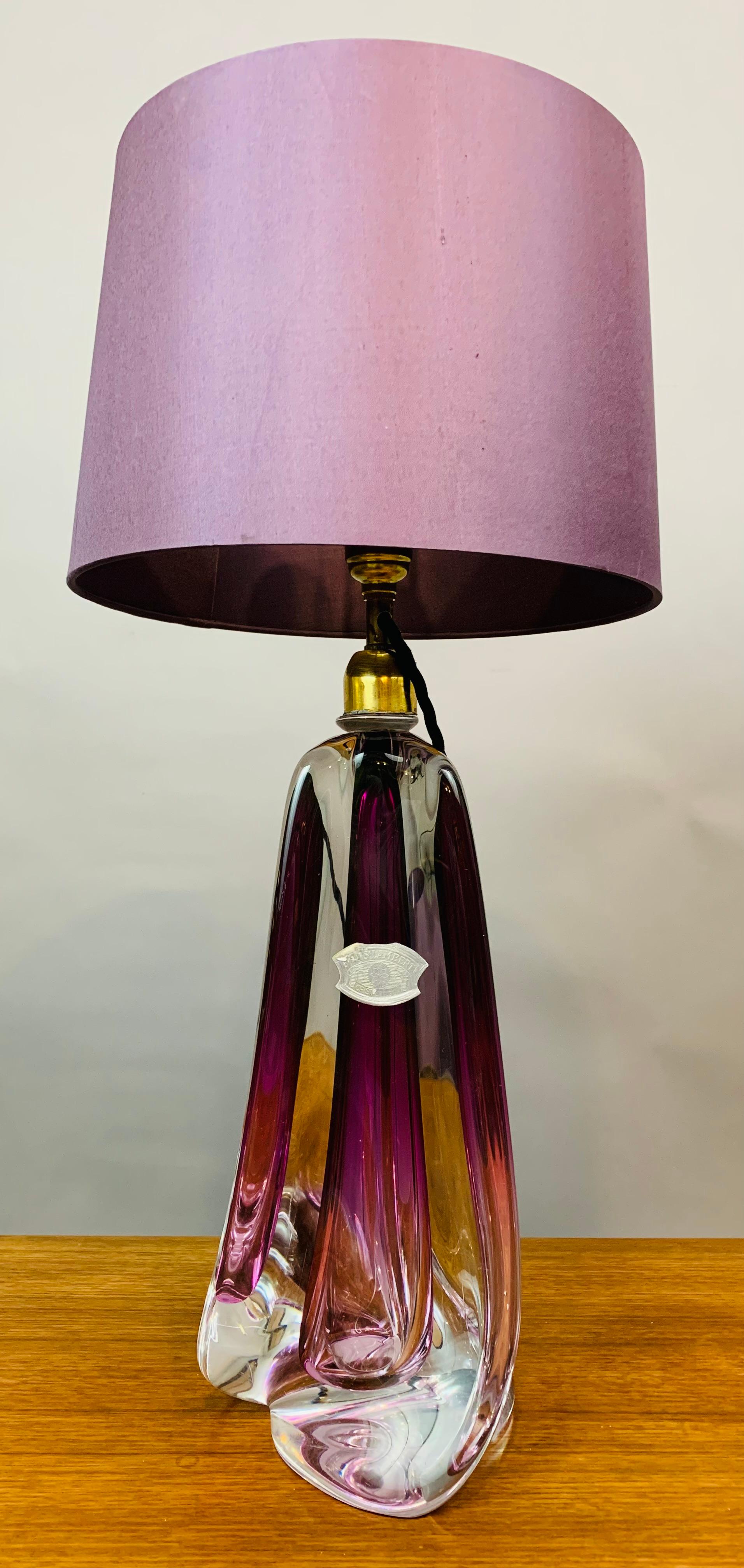 1950s Belgium Val St Lambert Purple & Clear Crystal Glass & Brass Table Lamp 2