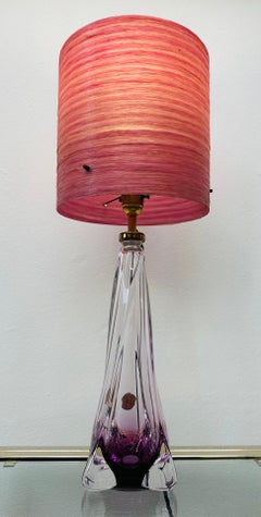 1950s Belgium Val St Lambert Purple & Clear Crystal GlassTable Lamp inc Shade