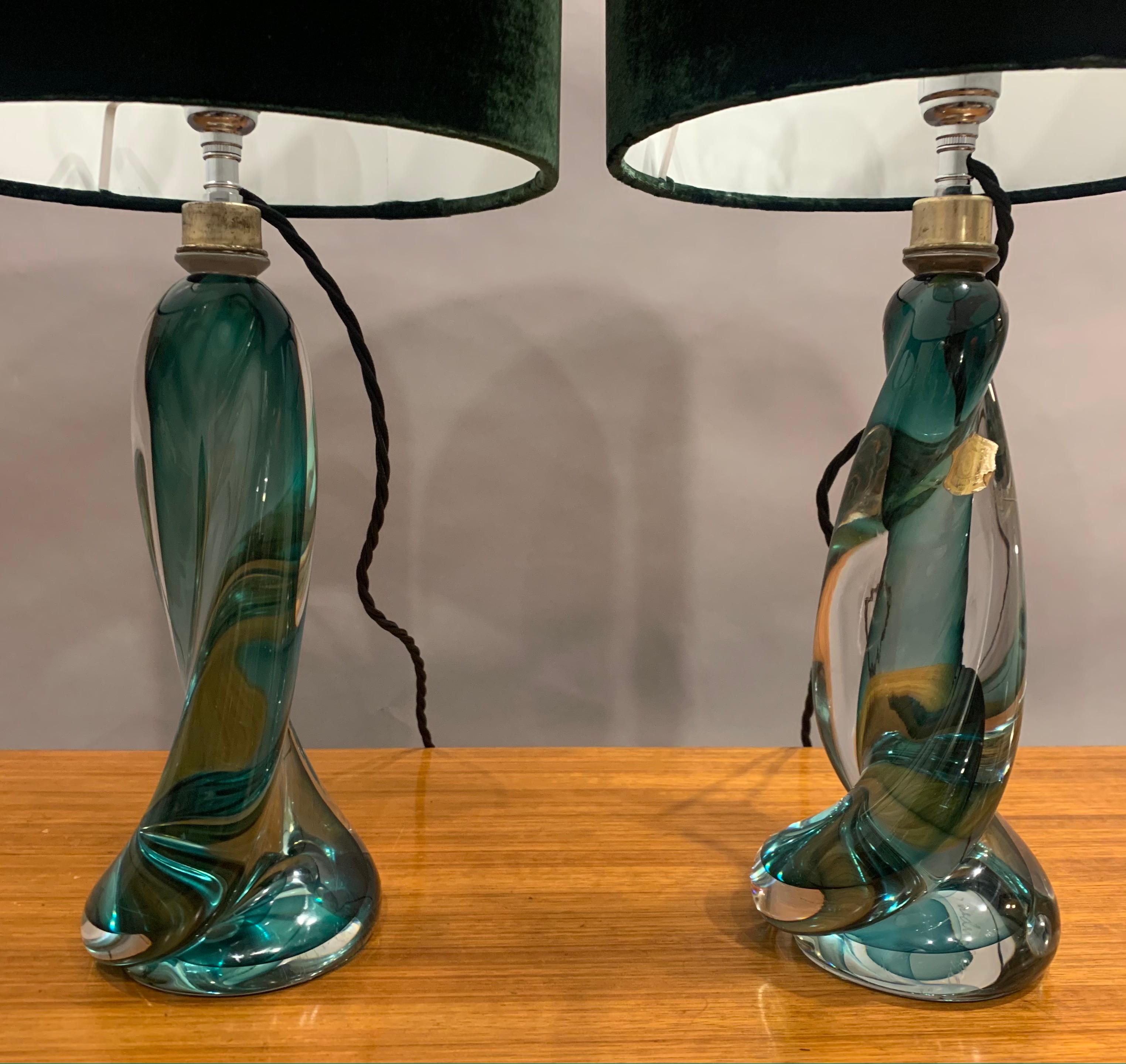1950s Belgium Val St Lambert Signed Twisted Dark Green Table Lamp Shade 12