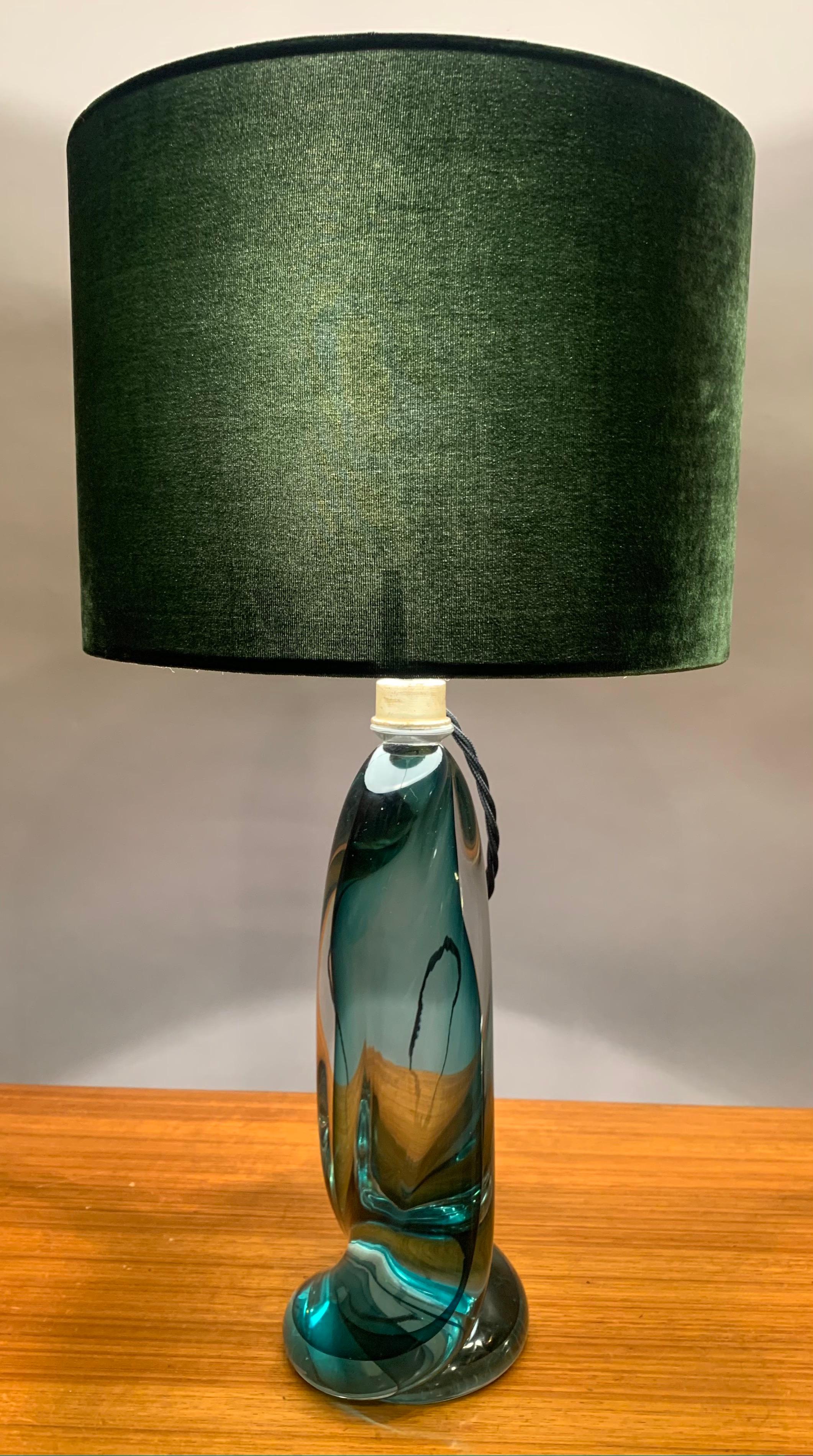 Belgian 1950s Belgium Val St Lambert Signed Twisted Dark Green Table Lamp Shade